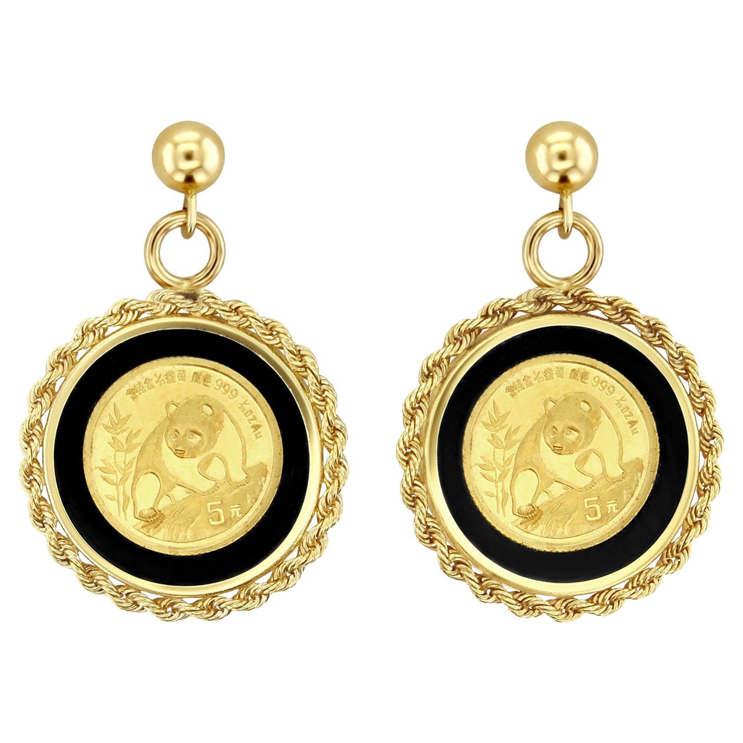 1/20OZ Panda Gold Coin Onyx Bezel Frame Drop Earrings