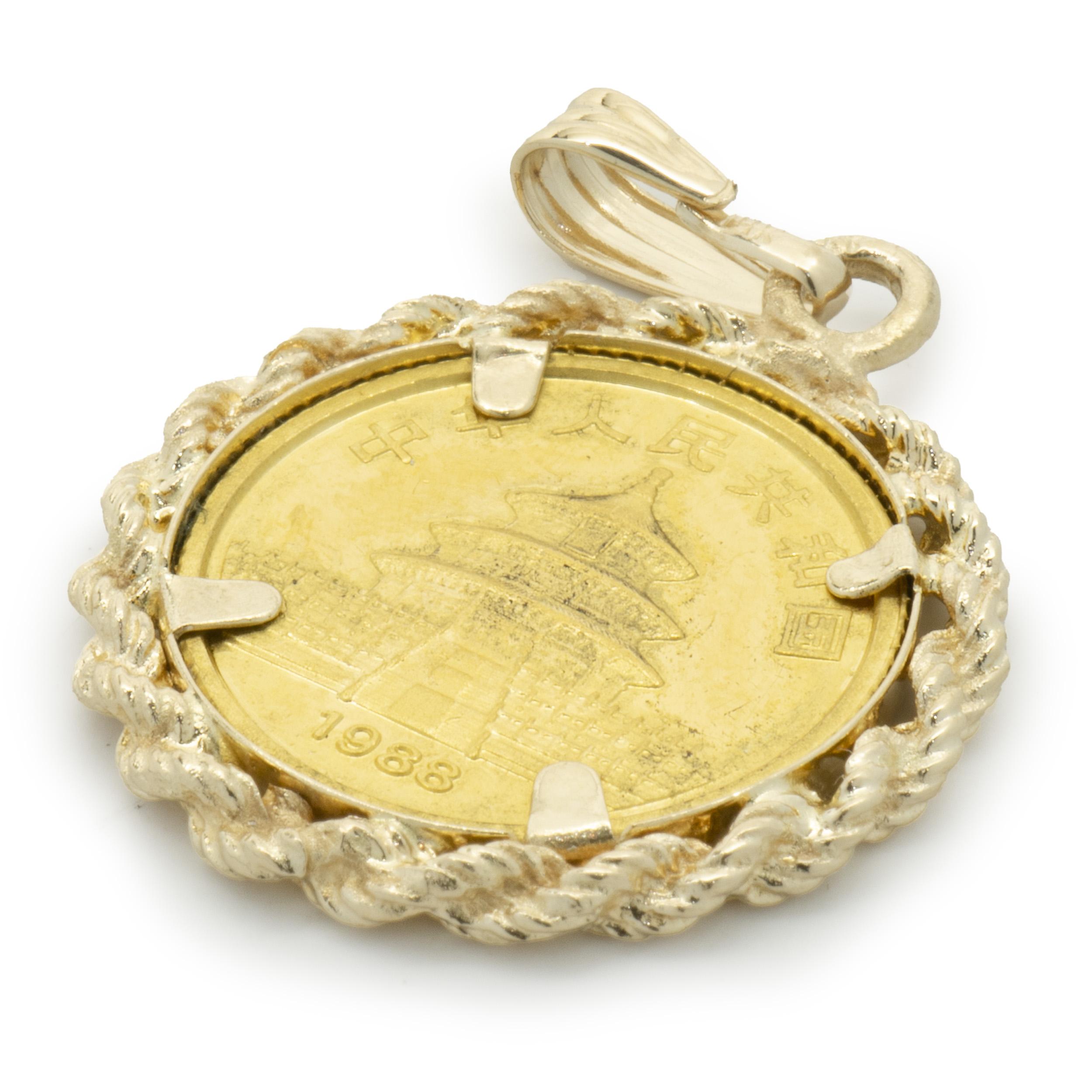 Designer: custom
Material: 14K yellow gold / panda coin
Dimensions: pendant measures 27 x 18mm
Weight: 2.87 grams
