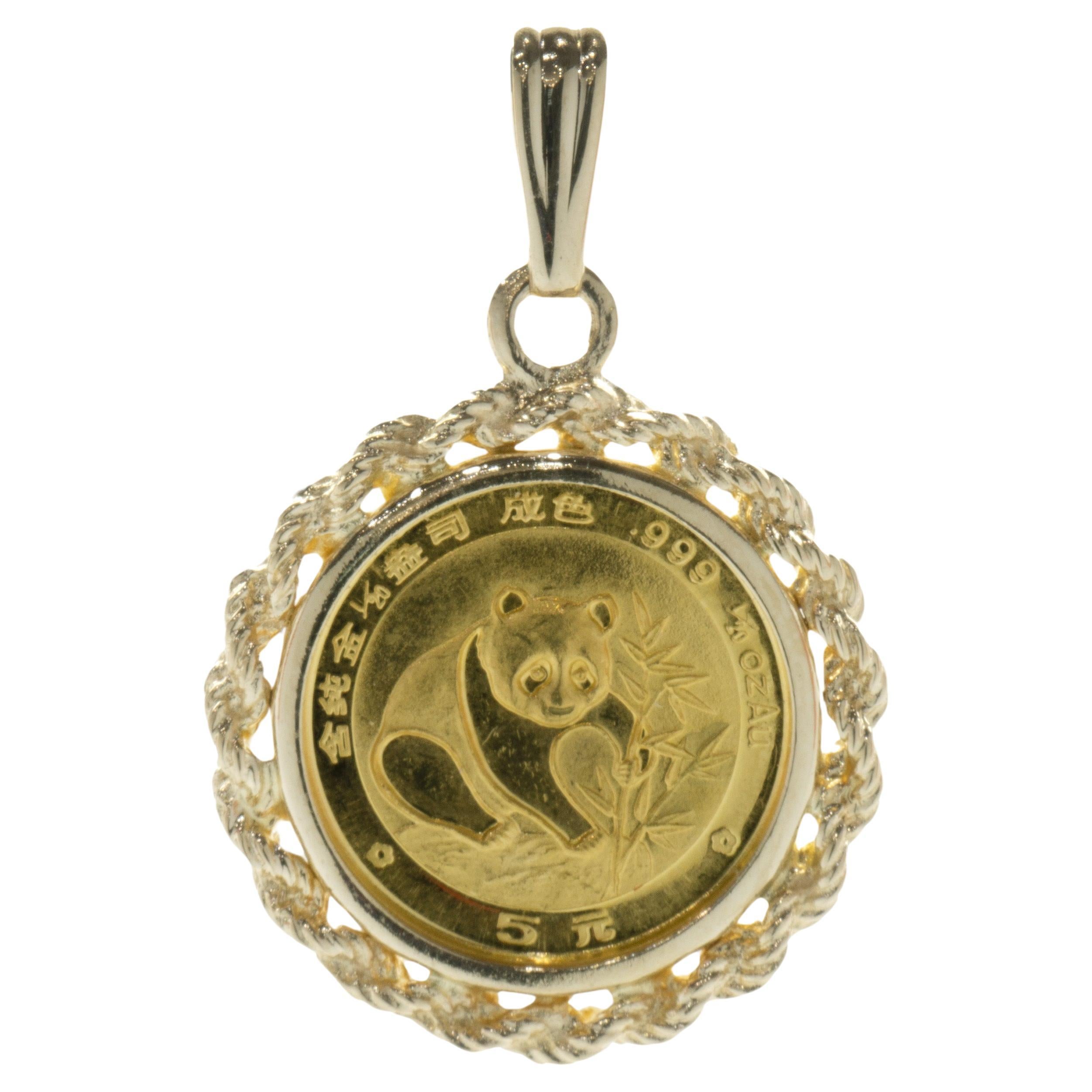 1 / 20th Panda Coin on 14 Karat Yellow Gold Bezel For Sale