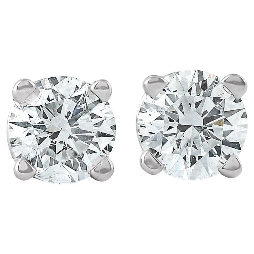 1/2Ct TW Round Cut Four Prong Natural Diamond Studs in 14k White Gold For Sale
