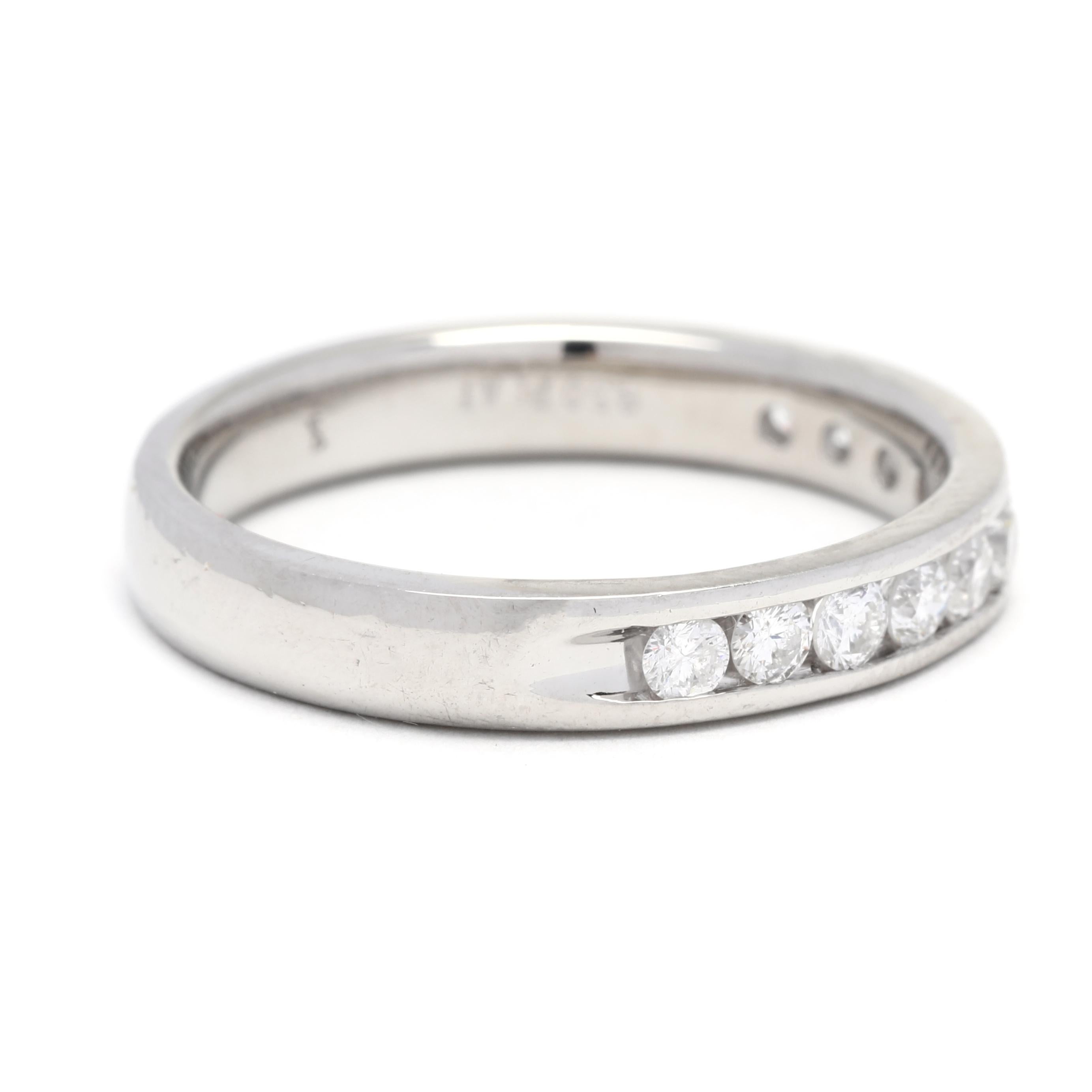 This beautiful 1/2ctw diamond channel set wedding band is the perfect addition to any jewelry collection. Crafted in Platinum and ring size 7, this stackable diamond band is sure to be a timeless classic. The sparkling stones are set in a channel