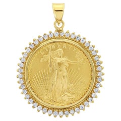 Antique 1/2OZ 22K Fine Gold Standing Lady Liberty Medallion with 1.00cttw Diamond Halo 
