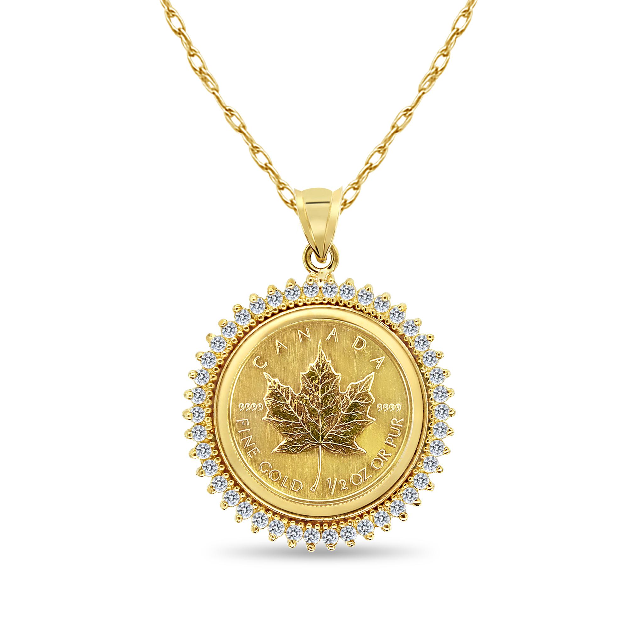 Round Cut 1/2OZ Fine Gold Canadian Maple Leaf Diamond Coin Necklace 14k Yellow Gold For Sale