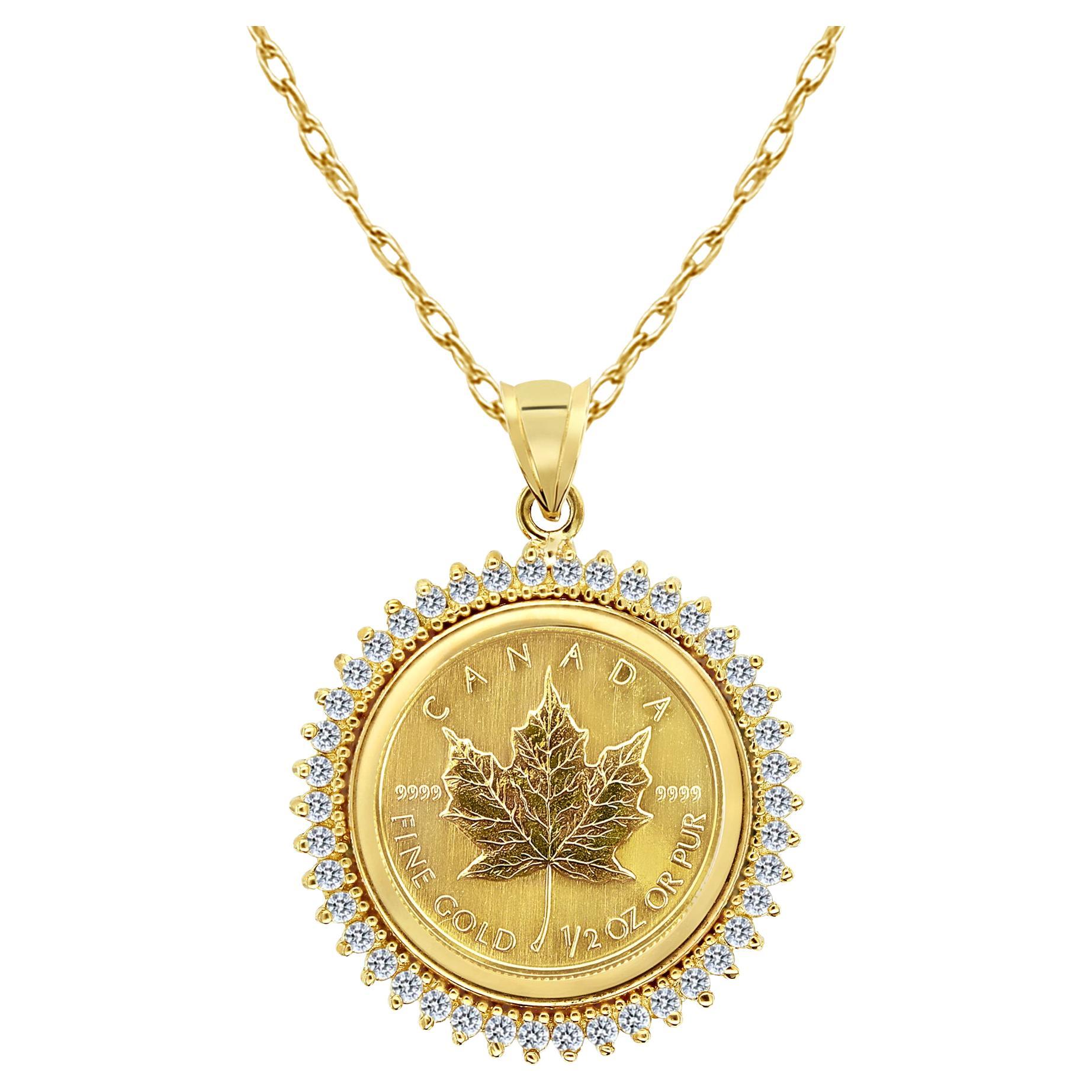 1/2OZ Feingold Kanadische Ahornblatt-Diamant- Münze-Halskette 14k Gelbgold