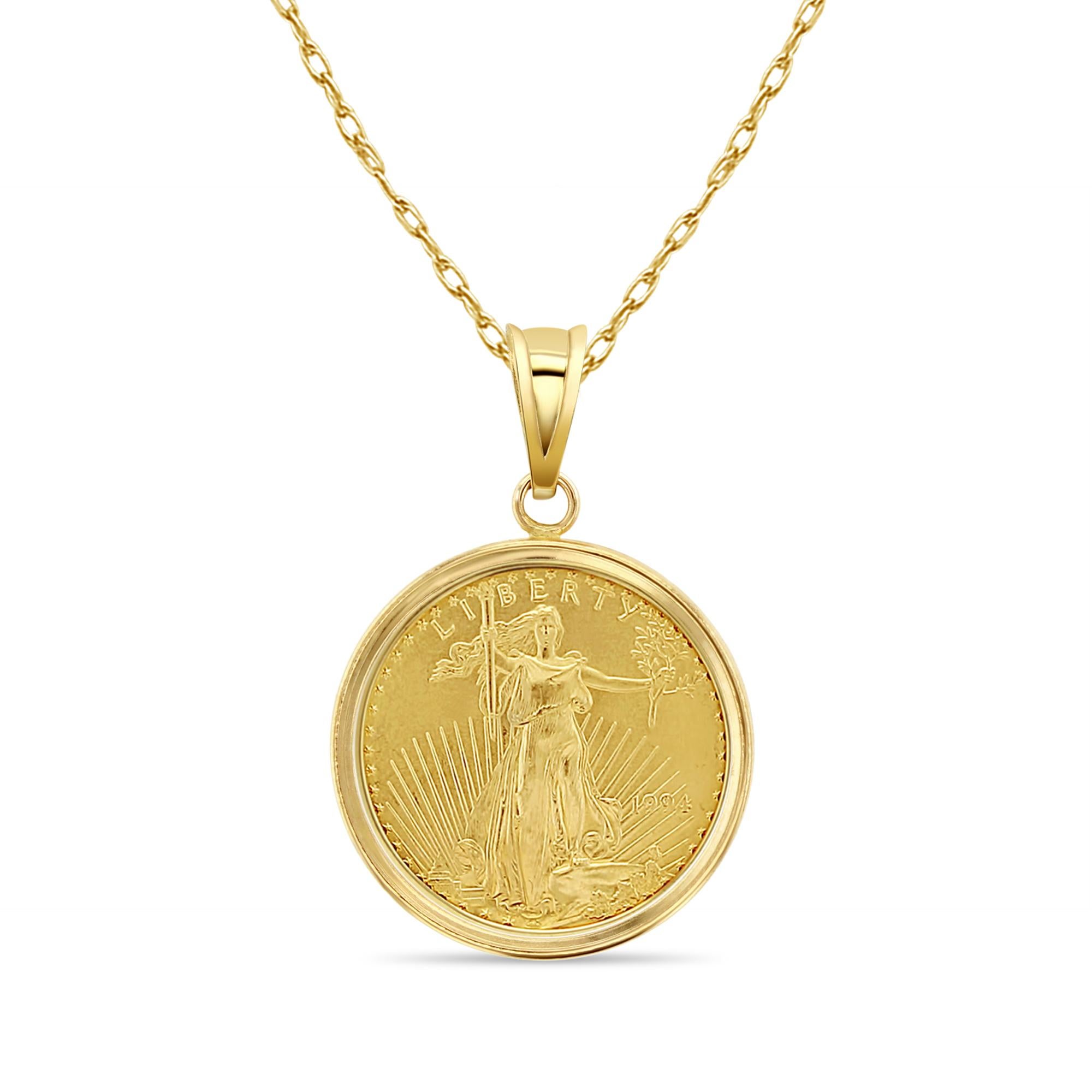 1/2OZ Fine Gold Lady Liberty Medallion with Polished Bezel Necklace In New Condition For Sale In Sugar Land, TX