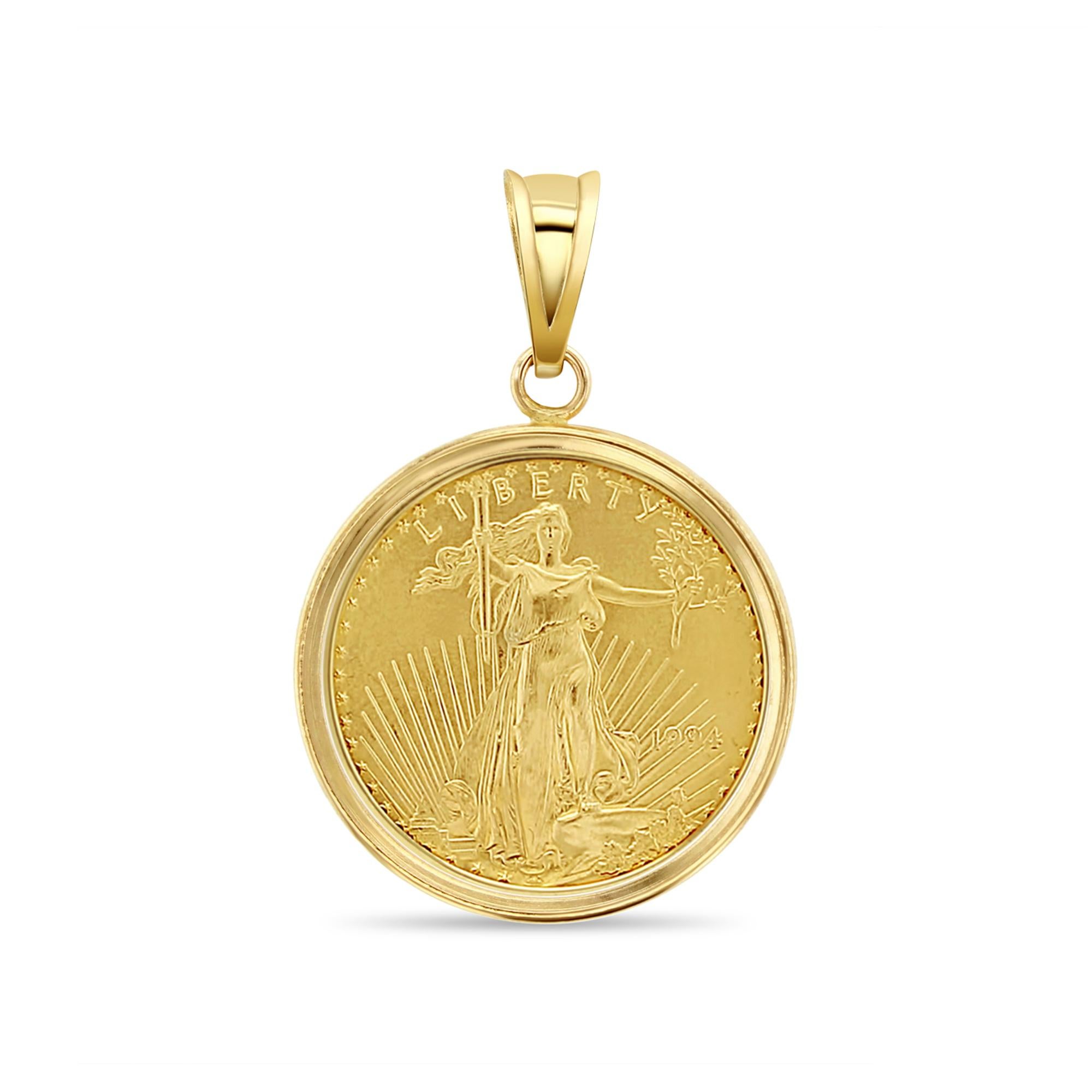 Women's or Men's 1/2OZ Fine Gold Lady Liberty Medallion with Polished Bezel Necklace For Sale
