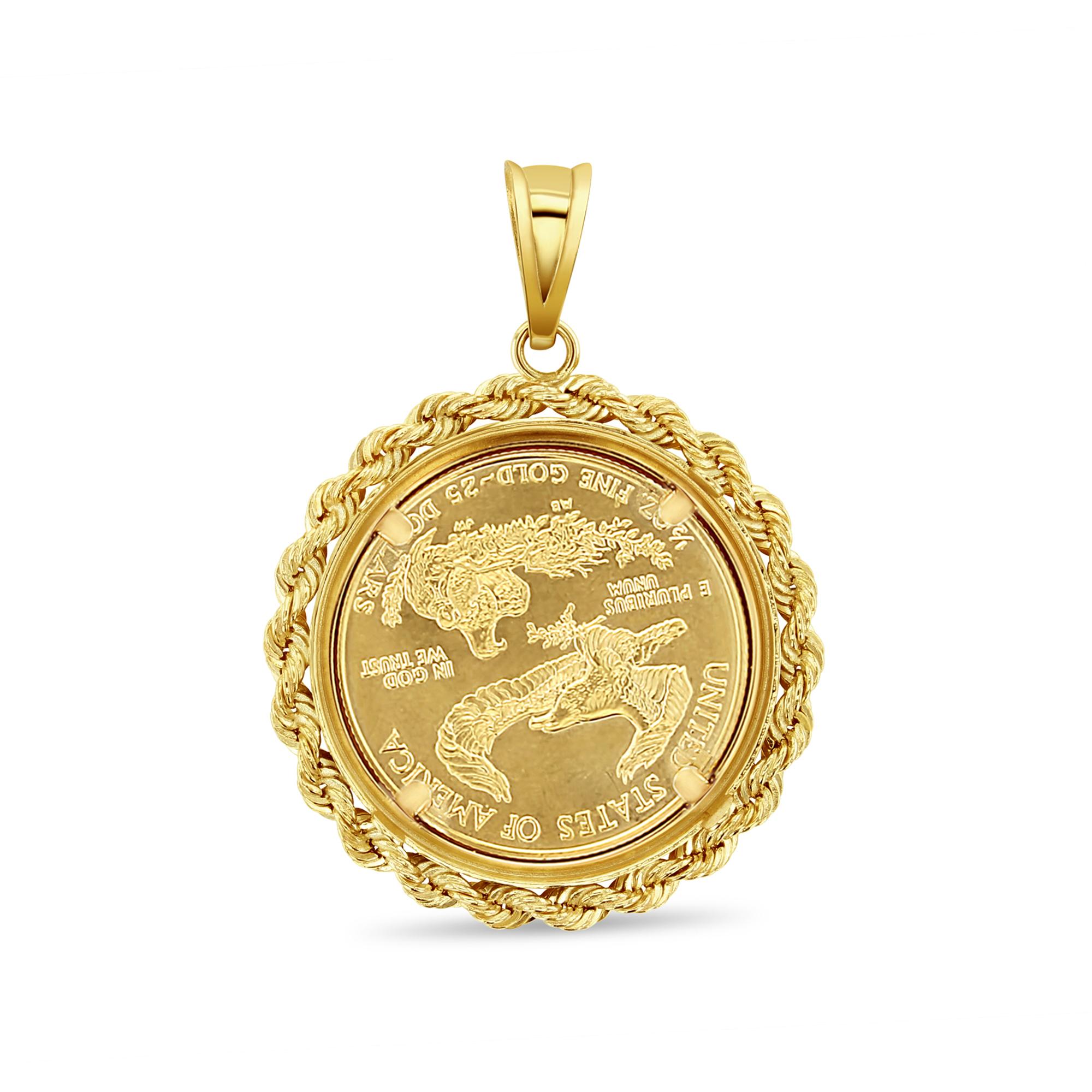 1/2OZ Fine Gold Lady Liberty Necklace with Rope Bezel 14k Yellow Gold In New Condition For Sale In Sugar Land, TX