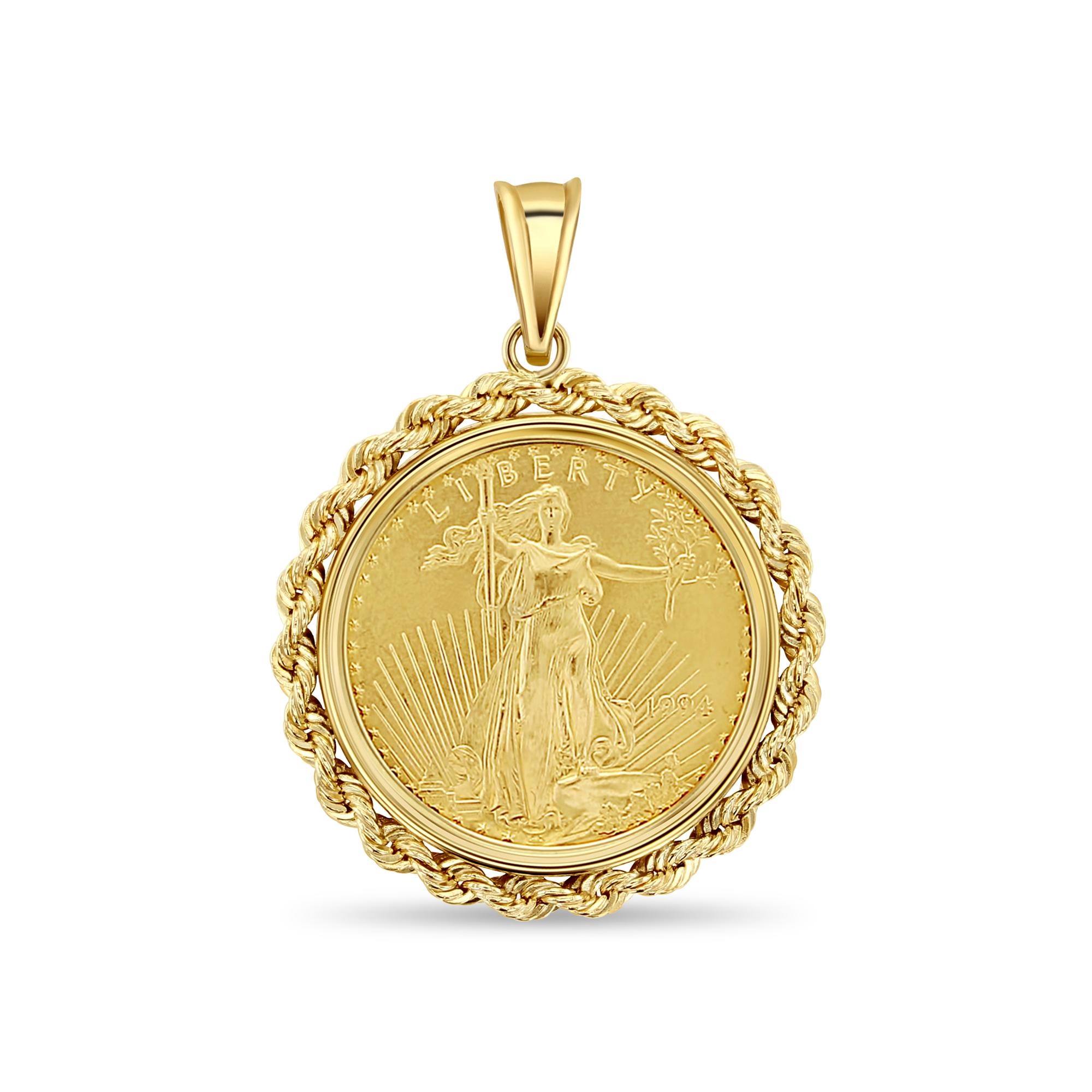 Women's or Men's 1/2OZ Fine Gold Lady Liberty Necklace with Rope Bezel 14k Yellow Gold For Sale