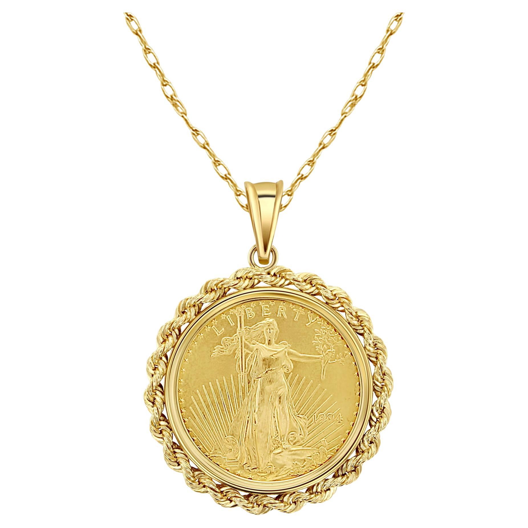 1/2OZ Fine Gold Lady Liberty Necklace with Rope Bezel 14k Yellow Gold For Sale