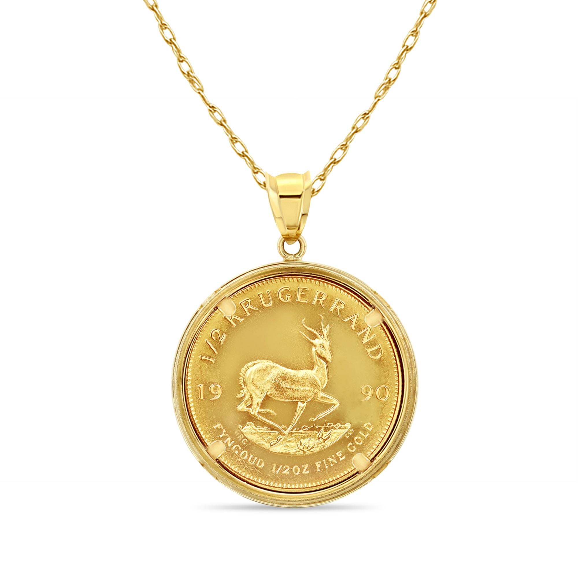 ✱ MADE TO ORDER  ✱

♥ Coin Information  ♥ 

Details: South African Krugerrand Gold Coin
Precious Metal Content: 1/2OZ
Composition: .9167 Gold Ounce
Diameter: 27mm
Year: Varies
Obverse: Paul Kruger
Reverse: Antelope
Chain: 18