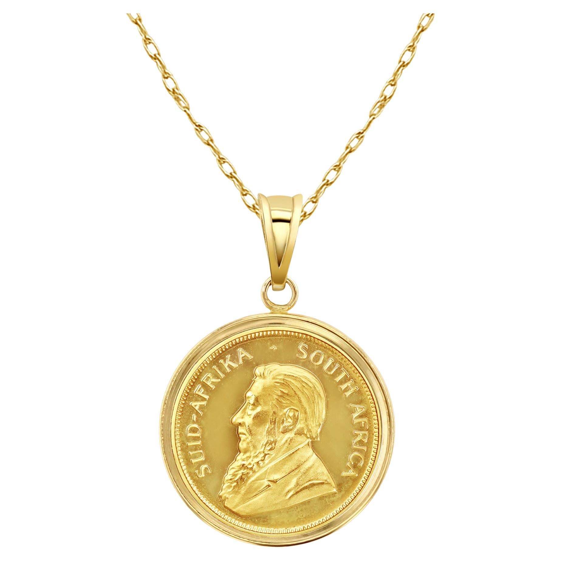 1/2OZ Fine Gold South African Krugerrand Coin Necklace with Polished Halo For Sale