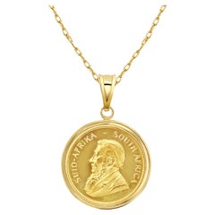 1/2OZ Fine Gold South African Krugerrand Coin Necklace with Polished Halo
