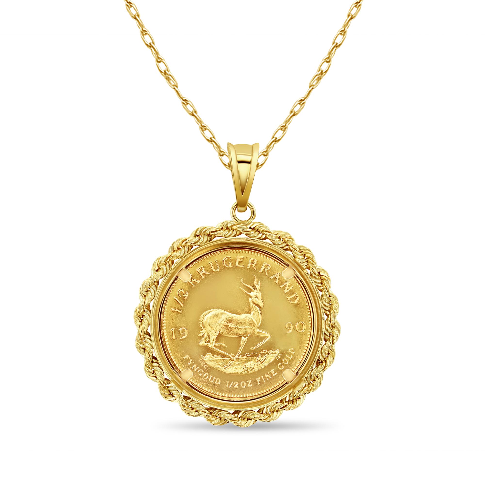 ♥ Coin Information  ♥ 

Details: South African Krugerrand Gold Coin
Composition: .9167 Gold Ounce
Precious Metal Content: 1/2OZ
Year: Varies
Diameter: 27mm
Obverse: Paul Kruger
Reverse: Antelope

 ♥ Bezel Information  ♥ 

Style: Rope Bezel
Halo
