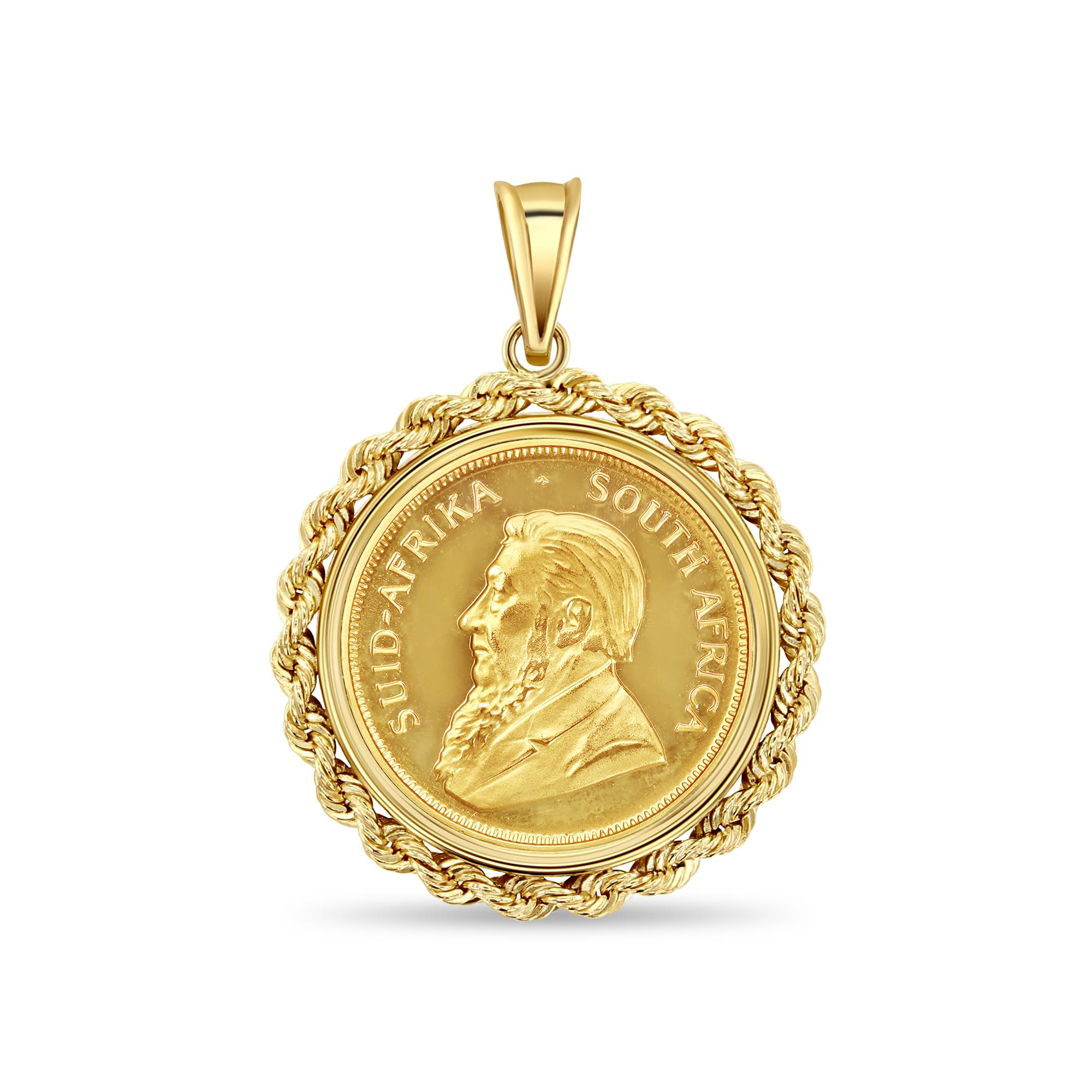 1/2OZ Fine Gold South African Krugerrand Coin Necklace with Rope Bezel In New Condition For Sale In Sugar Land, TX