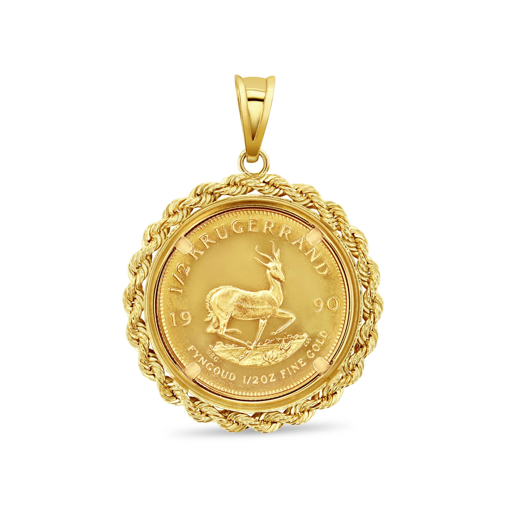 Women's or Men's 1/2OZ Fine Gold South African Krugerrand Coin Necklace with Rope Bezel For Sale
