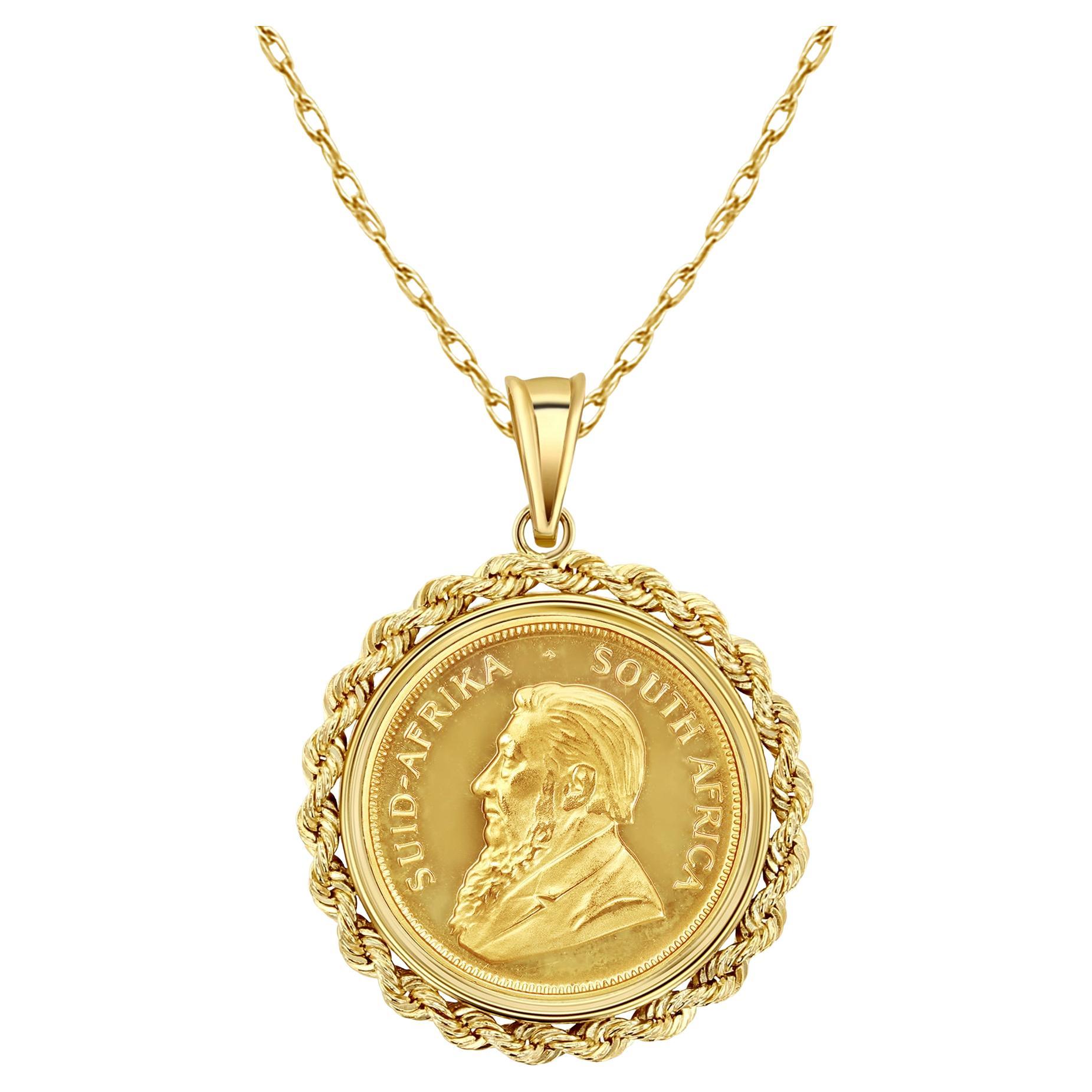 1/2OZ Fine Gold South African Krugerrand Coin Necklace with Rope Bezel For Sale