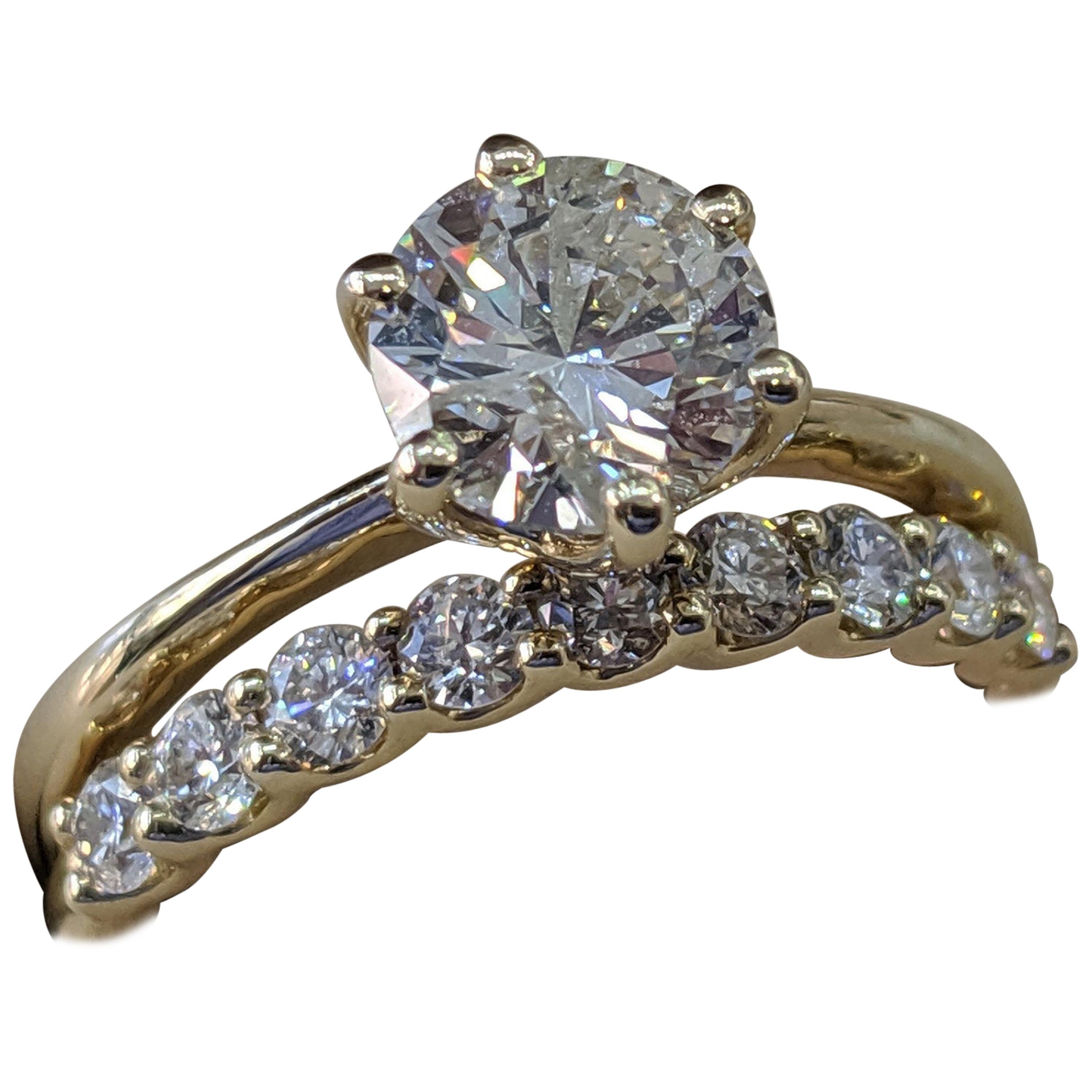 1 3/4 14 Karat Yellow Gold Carat Round Diamond Engagement Ring Set