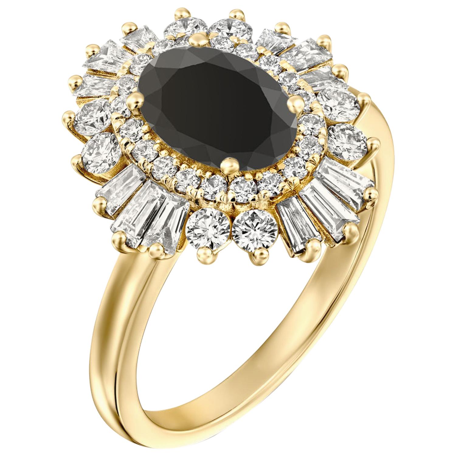 1 3/4 Carat 14 Karat Yellow Gold Certified Oval Black Diamond Engagement Ring