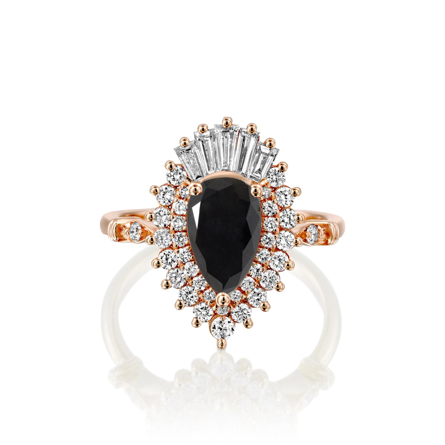 Beautiful solitaire with accents Victorian style diamond engagement ring. Center stone is natural, pear shaped, AAA quality Black Diamond of 1 carat and it is surrounded by smaller natural diamonds approx. 0.75 total carat weight. The total carat