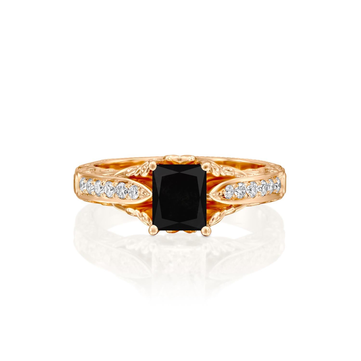 Beautiful solitaire with accents vintage style diamond engagement ring. Center stone is natural, radiant shaped, AAA quality Black Diamond of 1.5 carat and it is surrounded by smaller natural diamonds approx. 0.25 total carat weight. The total carat