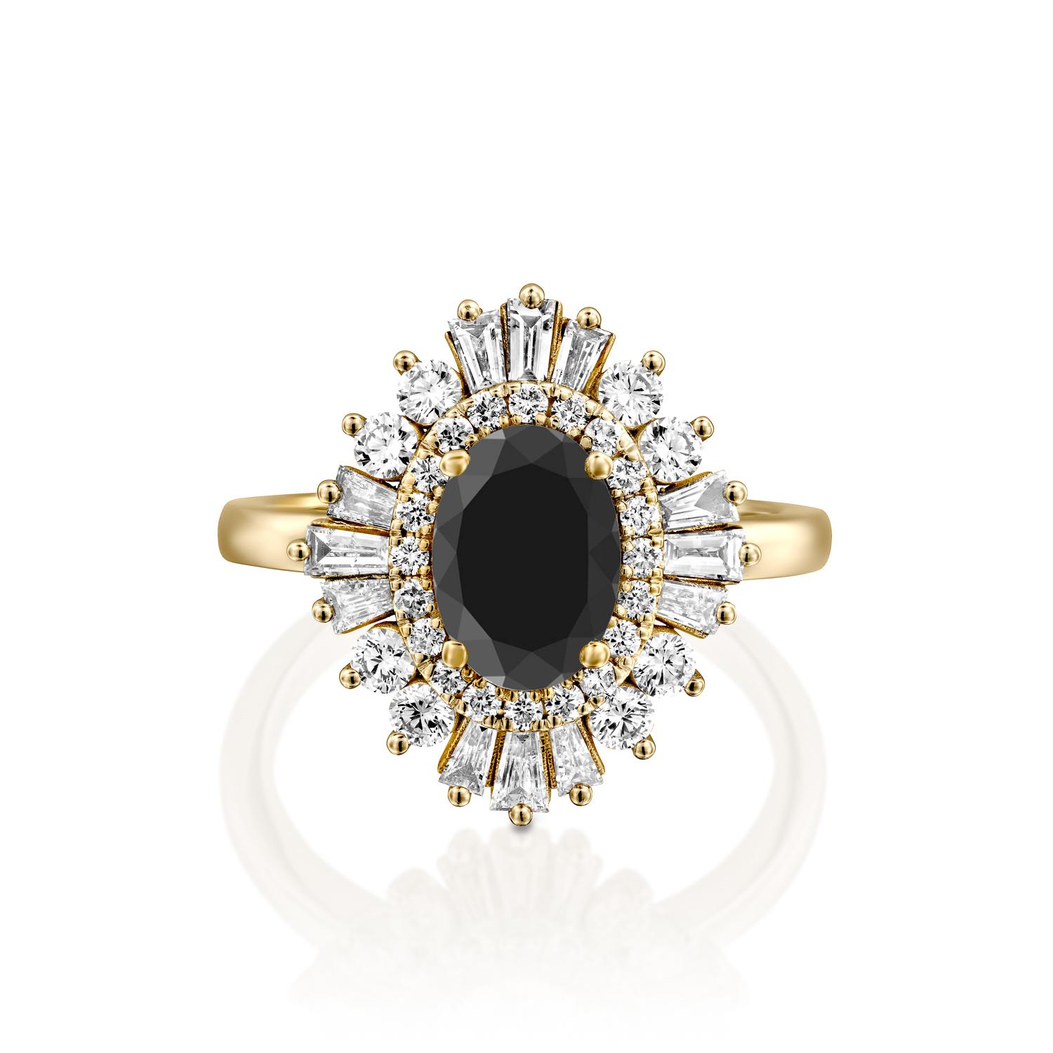 Beautiful solitaire with accents Victorian style diamond engagement ring. Center stone is natural, round shaped, AAA quality Black Diamond of 3/4 carat and it is surrounded by smaller natural diamonds approx. 1 total carat weight. The total carat