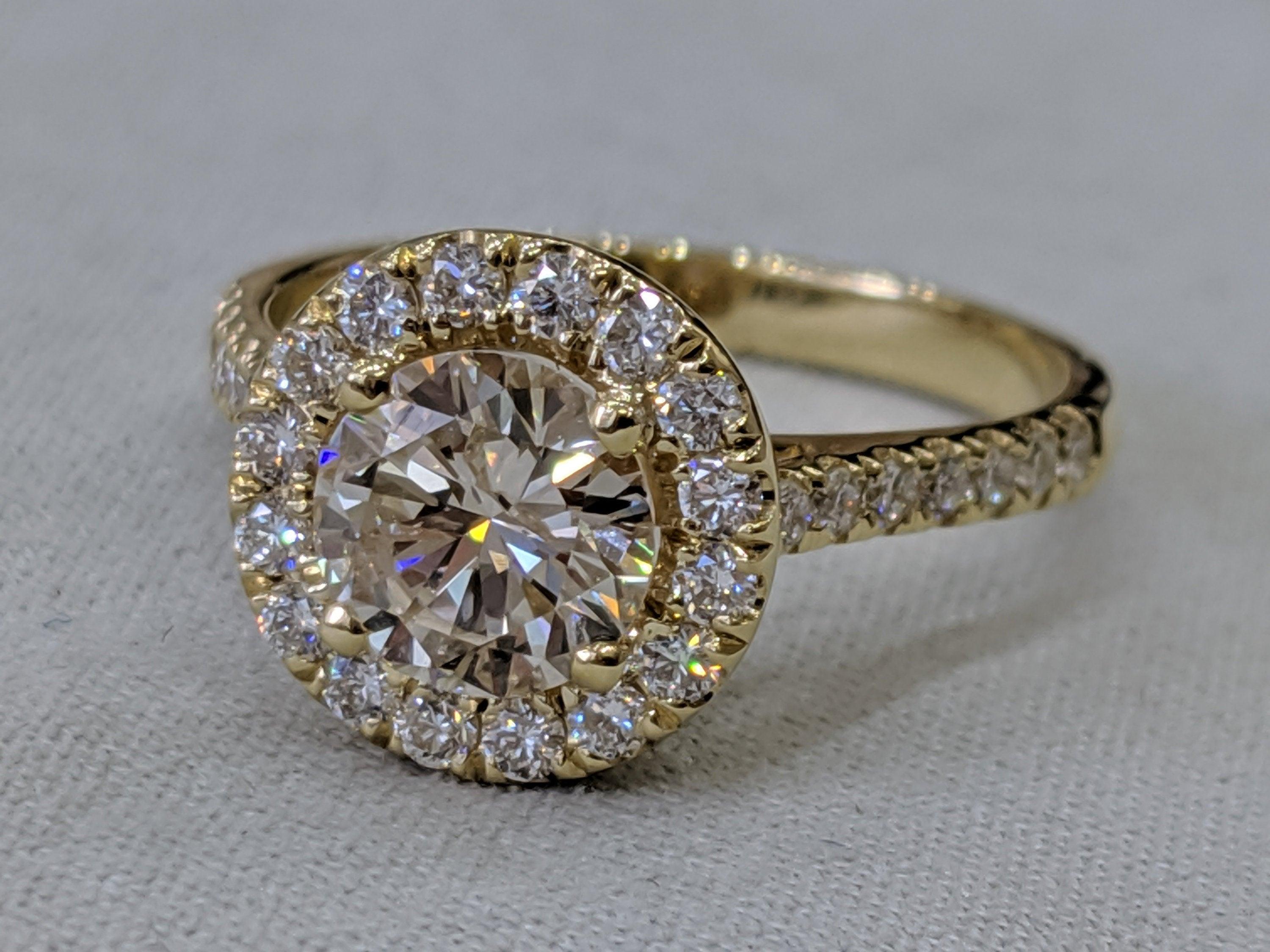 1 3/4 Carat Diamond Halo Engagement Ring , 1.80ct Yellow Gold Diamond Halo Ring , Solitaire With Accents Engagement Ring, Promise Ring 
 
 Main Stone Name: Natural Earth Mined Diamond
 Main Stone Weight: 1.10 ct.
 Main Stone Clarity: SI2
 Main Stone