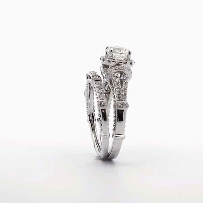 The perfect wedding ring for a timeless and elegant look. This stunning 1 3/4 carat 2 piece diamond halo wedding ring is a finished piece, ready for purchase. It features a breathtaking GIA-certified 1.00 carat round diamond as the center stone,