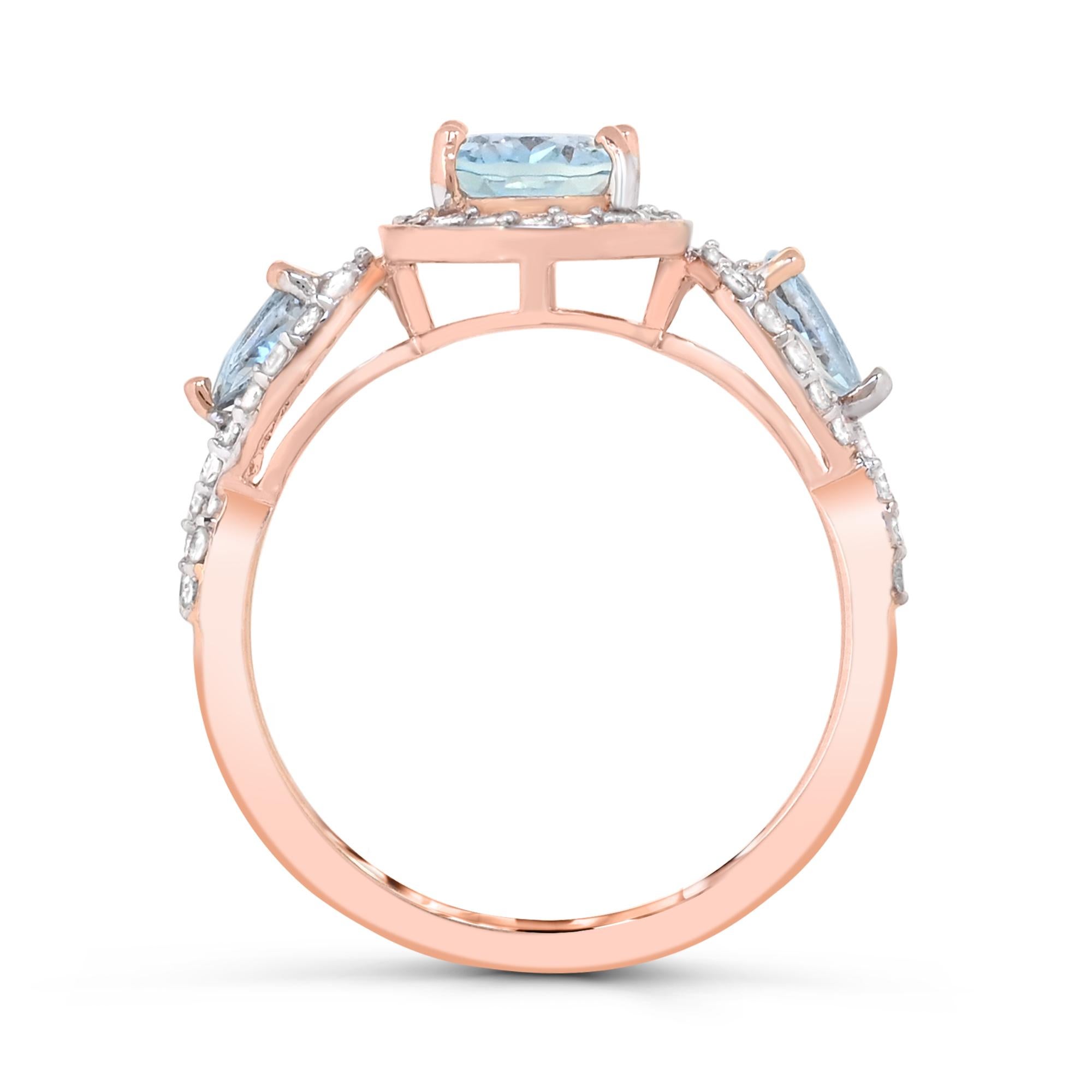 Contemporary 1-3/4 Carat Aquamarine and Diamond Accent 14K Rose Gold Ring For Sale