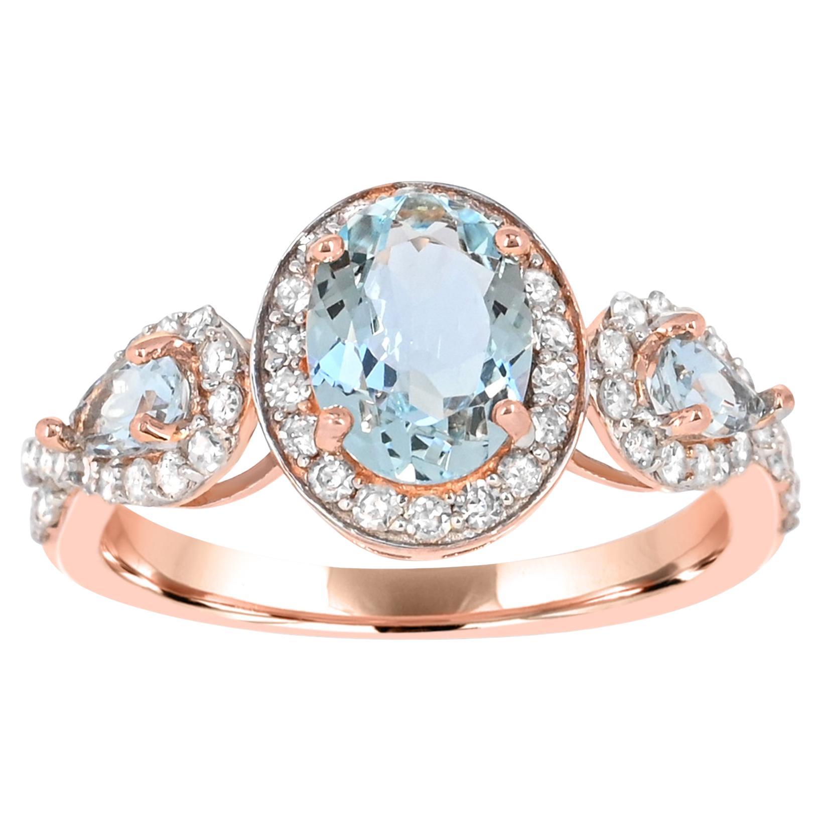 1-3/4 Carat Aquamarine and Diamond Accent 14K Rose Gold Ring