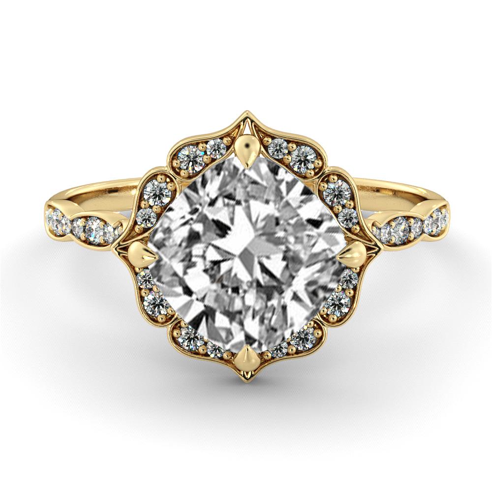 This gorgeous floral style ring features a solitaire GIA certified diamond. Center stone is 100% eye clean 1.5 carat natural cushion shaped diamond of F-G color and VS2-SI1 clarity and it is surrounded with 34 smaller natural diamonds of 0.25 total