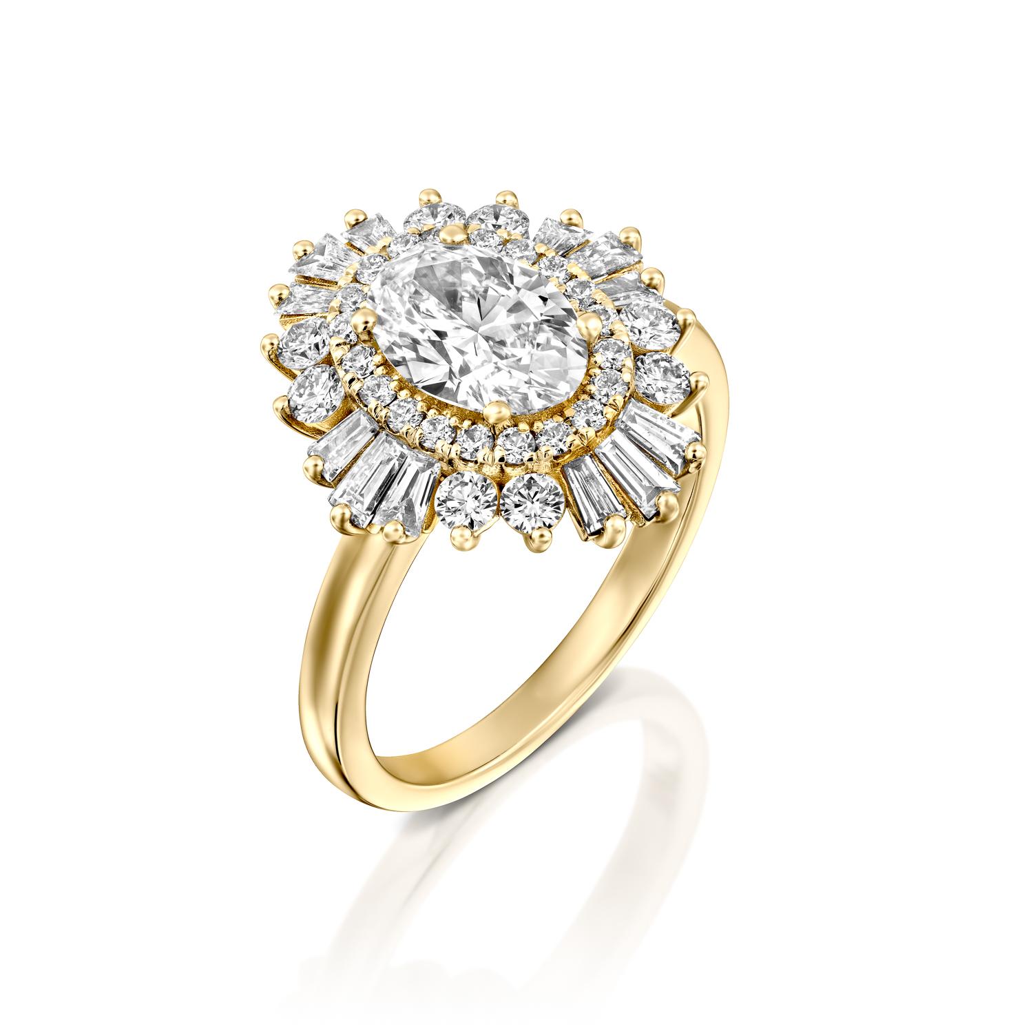Beautiful solitaire with accents Gatsby style GIA certified diamond engagement ring. Ring features a 1 carat oval cut 100% eye clean natural diamond of F-G color and VS2-SI1 clarity and it is surrounded by smaller natural diamonds of approx. 3/4