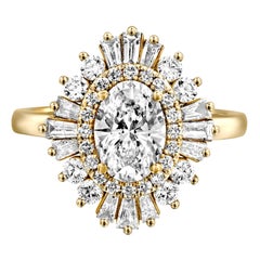 1 3/4 Carat GIA Diamond Ring, Gatsby Oval Halo 18 Karat Yellow Gold Ring