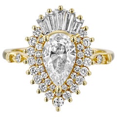 1 3/4 Carat GIA Diamond Ring, Gatsby Pear Halo 18 Karat Yellow Gold Ring