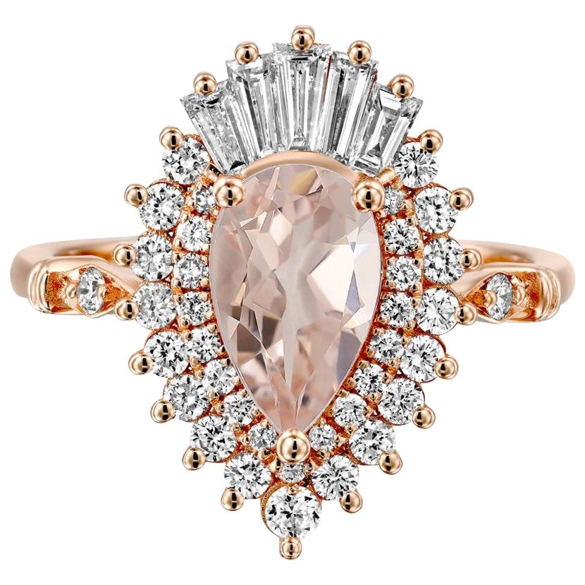 Art Deco Engagement Ring, Pear Engagement Ring, Pink Halo, Morganite Engagement Ring, Gatsby Pear Ring
 
 One of a kind 2cttw Morganite and Diamonds Engagement Ring - An amazing 8*5mm pink/peach natural oval morganite gemstone,
 adorned by 3/4ctw of