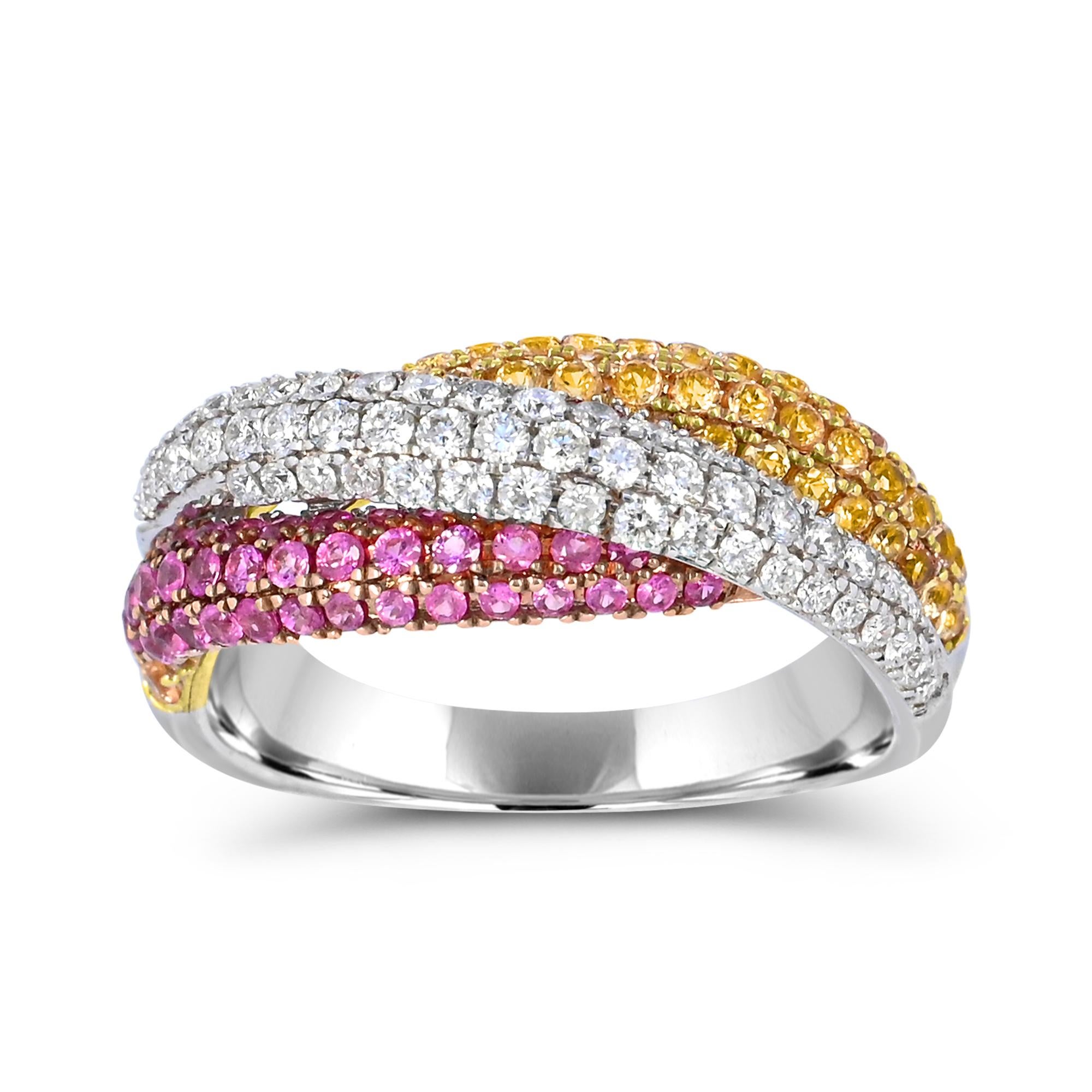 Gönnen Sie sich den Glanz unseres Bypass-Rings aus 14-karätigem Weißgold mit gelbem und rosa Saphir sowie weißen Diamanten. Dieser mit viel Liebe zum Detail gefertigte Ring besticht durch eine prächtige Kombination aus funkelnden runden weißen