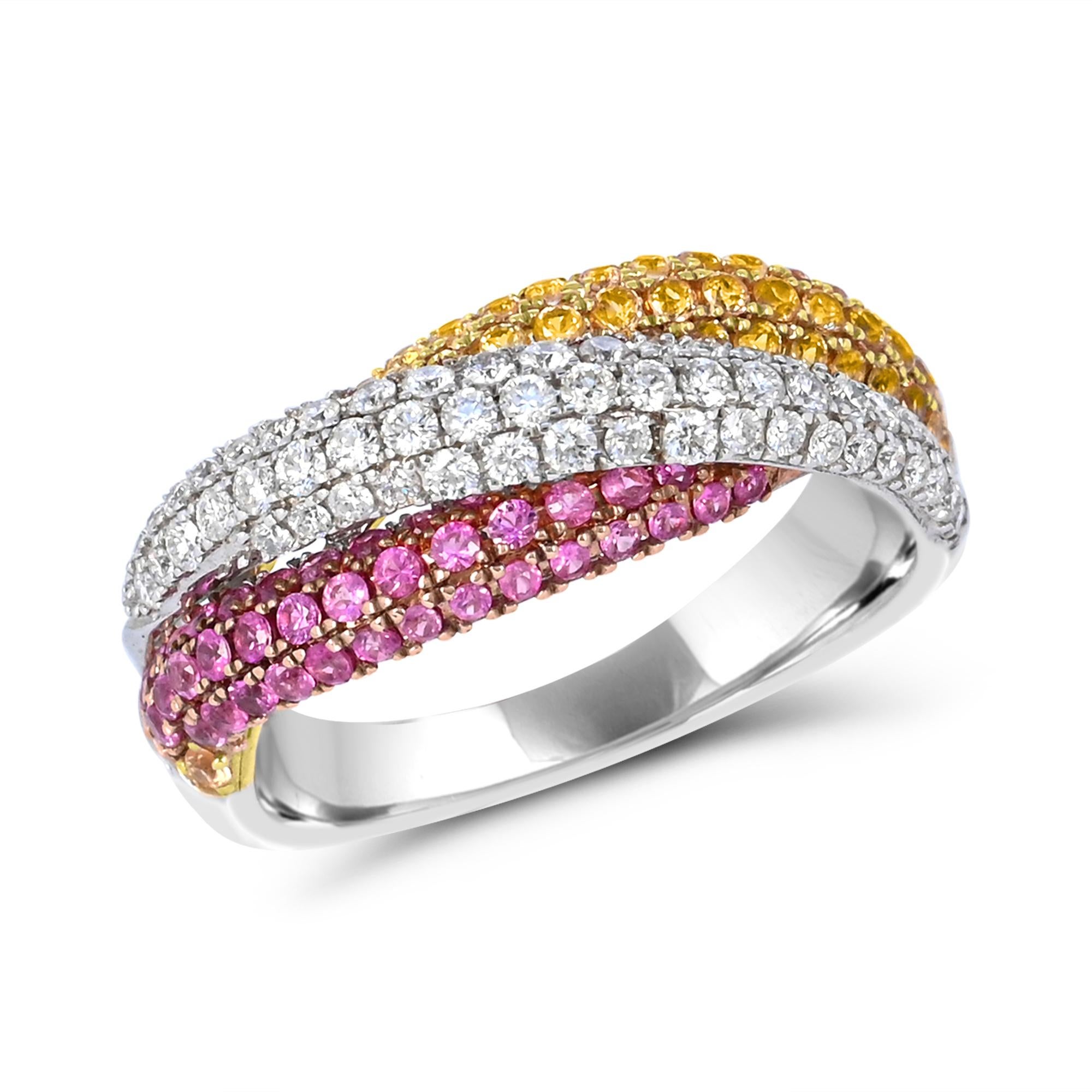 1-3/4 Karat Gelber & rosa Saphir & weißer Diamant Bypass 14K Weißgold Ring (Art déco) im Angebot