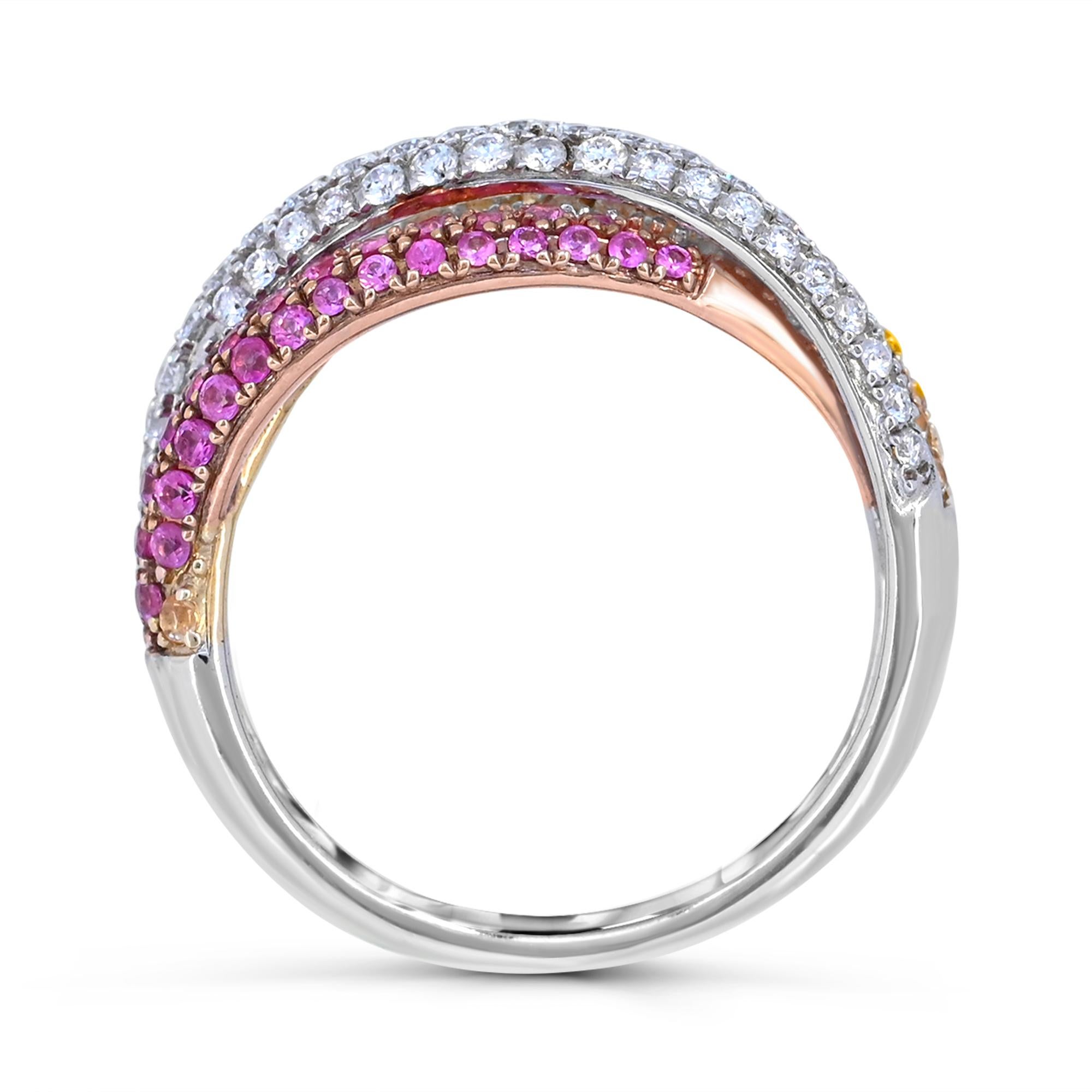 Round Cut 1-3/4 Carat Yellow & Pink Sapphire & White Diamond Bypass 14K White Gold Ring For Sale