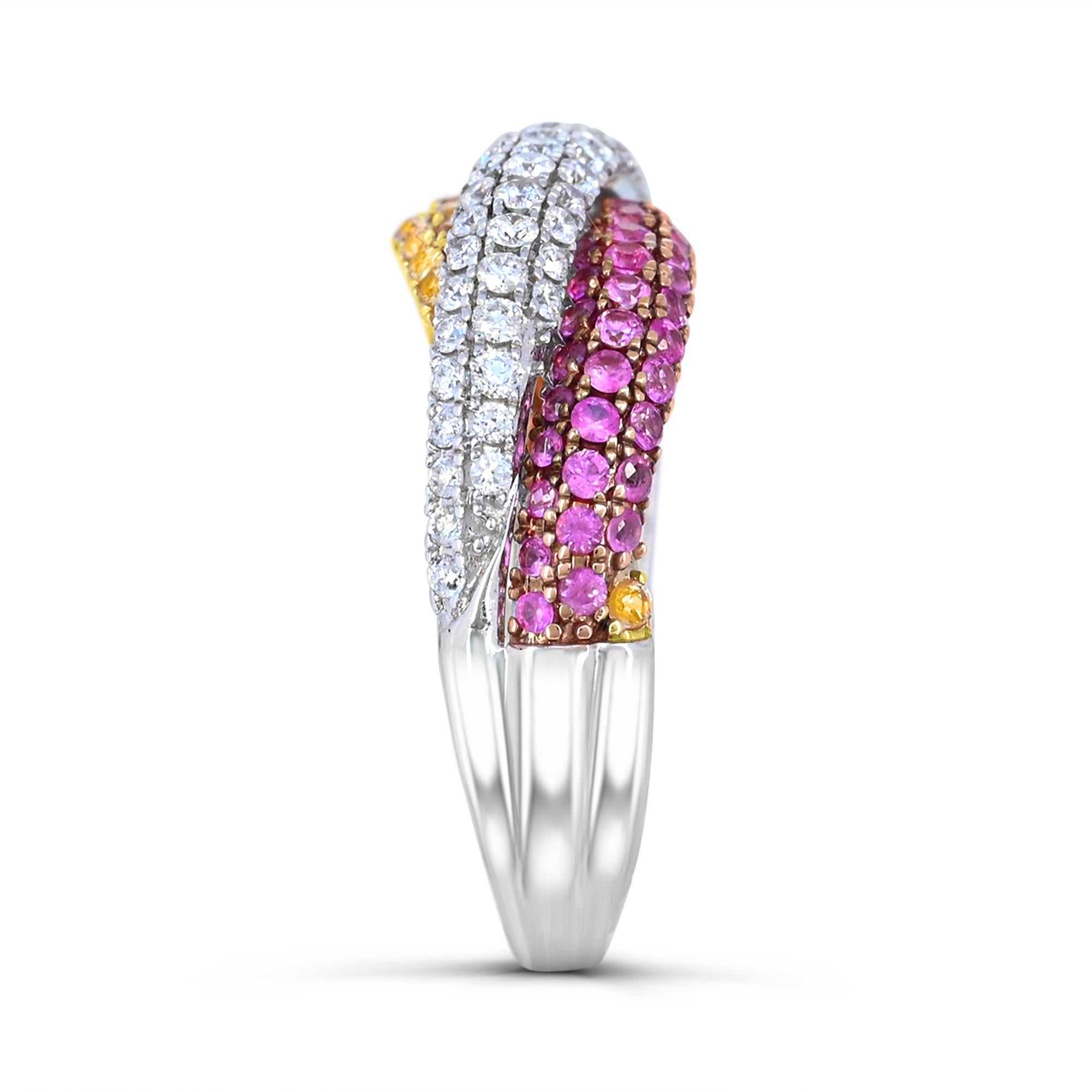 1-3/4 Carat Yellow & Pink Sapphire & White Diamond Bypass 14K White Gold Ring In New Condition For Sale In New York, NY
