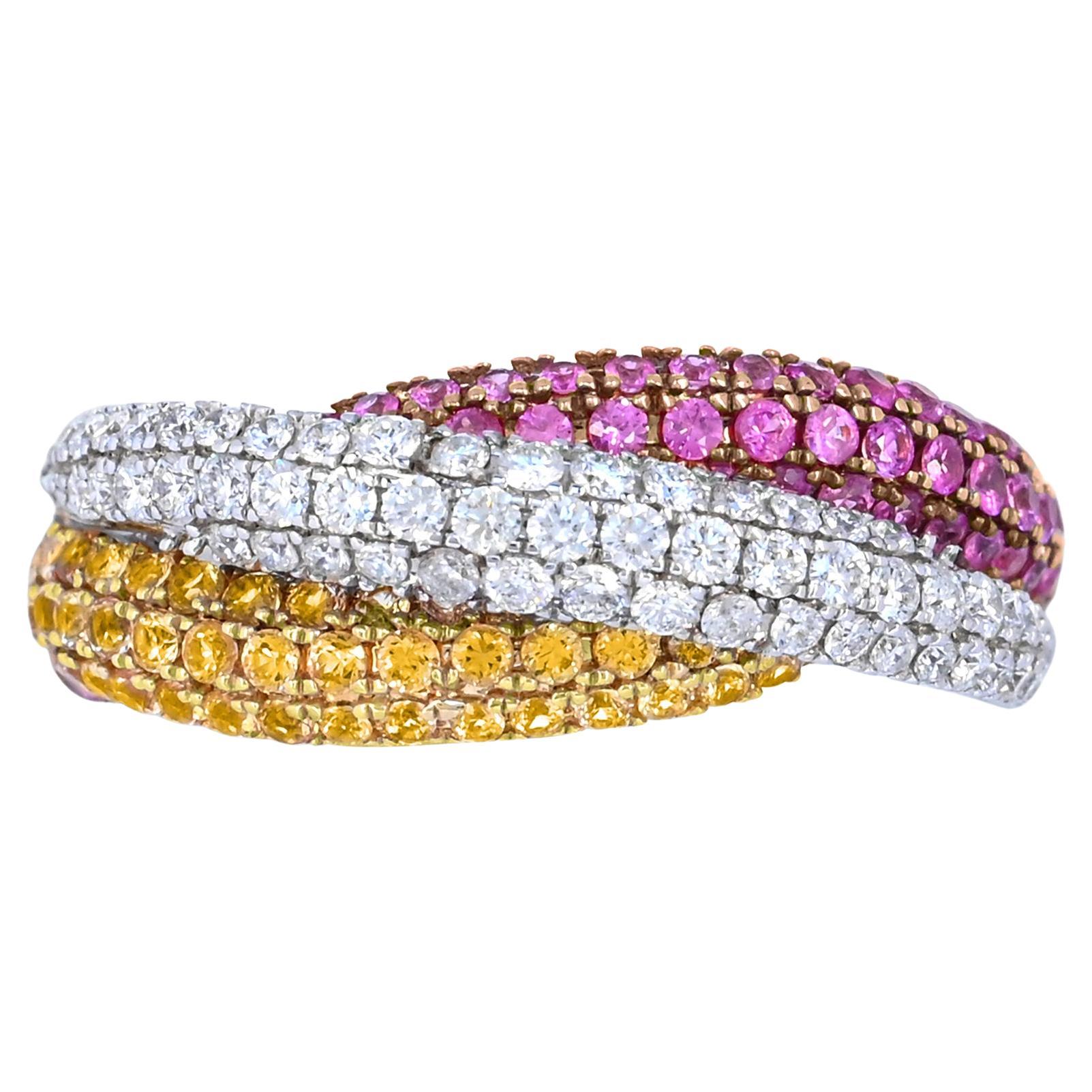 1-3/4 Carat Yellow & Pink Sapphire & White Diamond Bypass 14K White Gold Ring For Sale