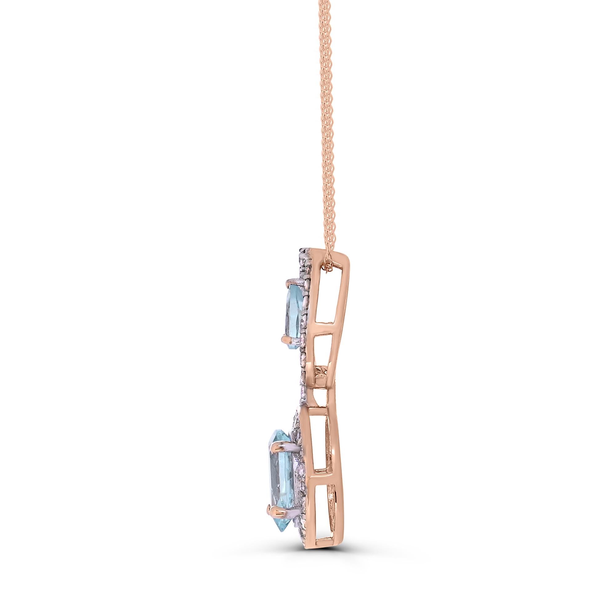 Contemporary 1-3/4 ct. Aquamarine and Diamond Accent 14K Rose Gold Pendant Necklace For Sale