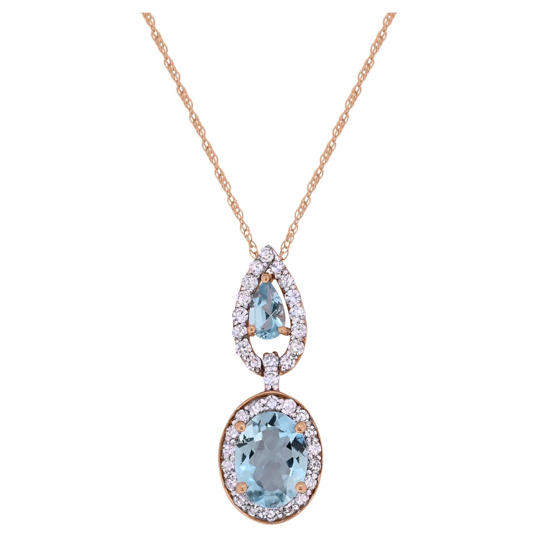 1-3/4 ct. Aquamarine and Diamond Accent 14K Rose Gold Pendant Necklace For Sale
