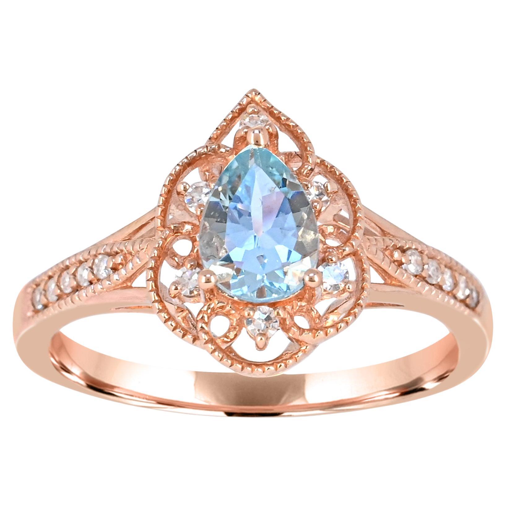 1-3/4 ct. Ring aus 14 Karat Roségold mit Aquamarin im Birnenschliff und Diamant-Akzent