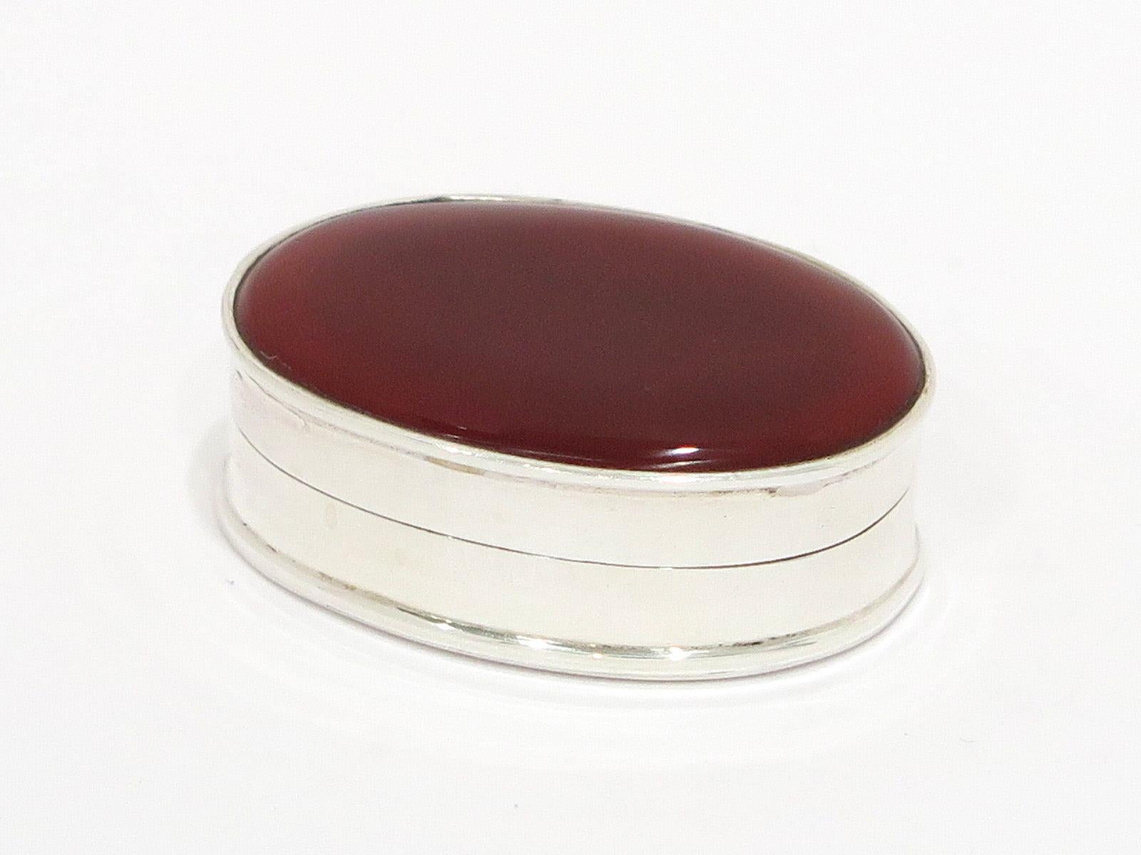 British 1 3/8 in - Sterling Silver Vintage London Import Mark Carnelian Oval Pill Box