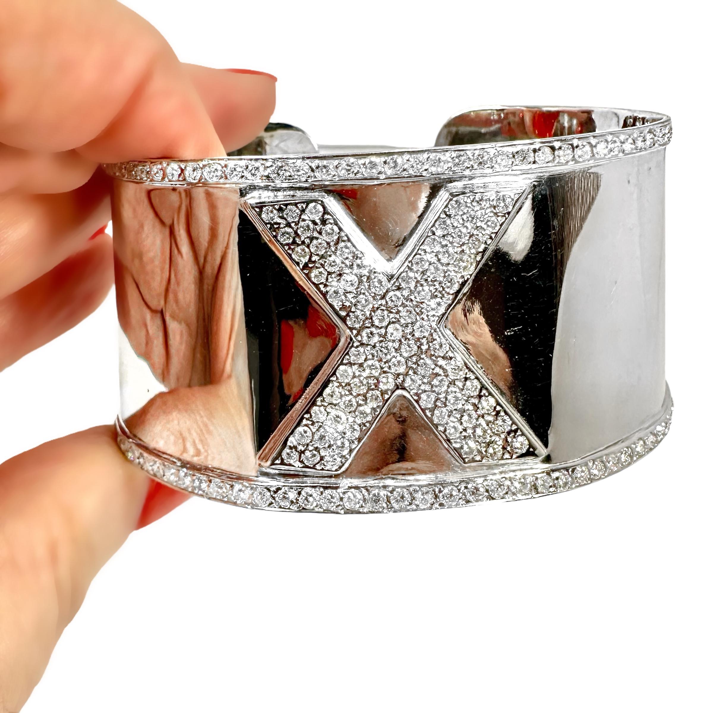 1 3/8 Inches Wide White Gold Cuff Bangle with Large Pave Diamond X in Center  For Sale 2