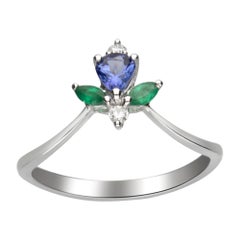 1/3 Carat Tanzanite, Natural Emerald and Diamond 14 Karat White Gold Ring