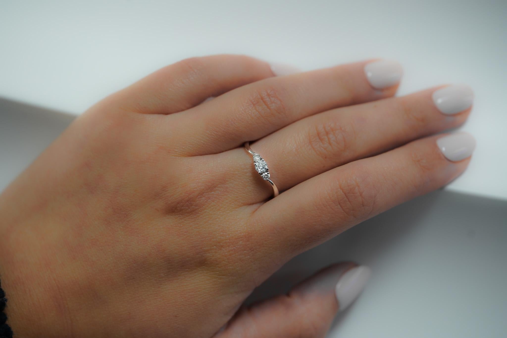 1/3 Carat TW Natural Diamond Mini 3-Stone Curved Ring in 14K White Gold For Sale 3