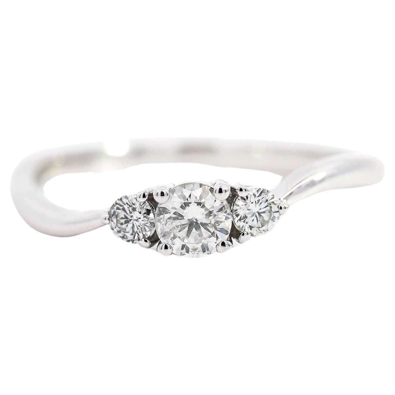1/3 Carat TW Natural Diamond Mini 3-Stone Curved Ring in 14K White Gold  For Sale