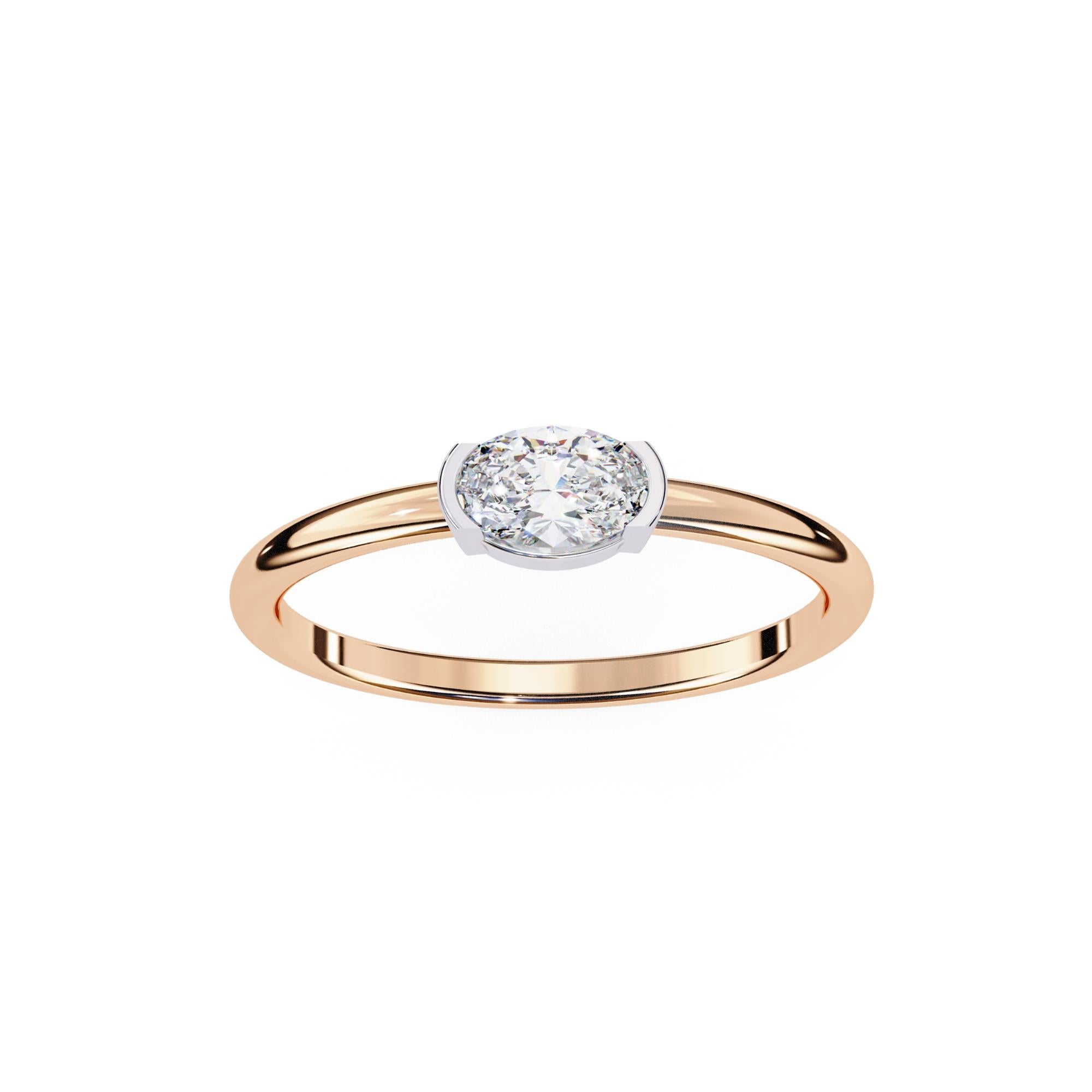 1/3 Ct, Oval Diamond Ring, Half Bezel Diamond Band, 14K Solid Gold, SI GH For Sale 4