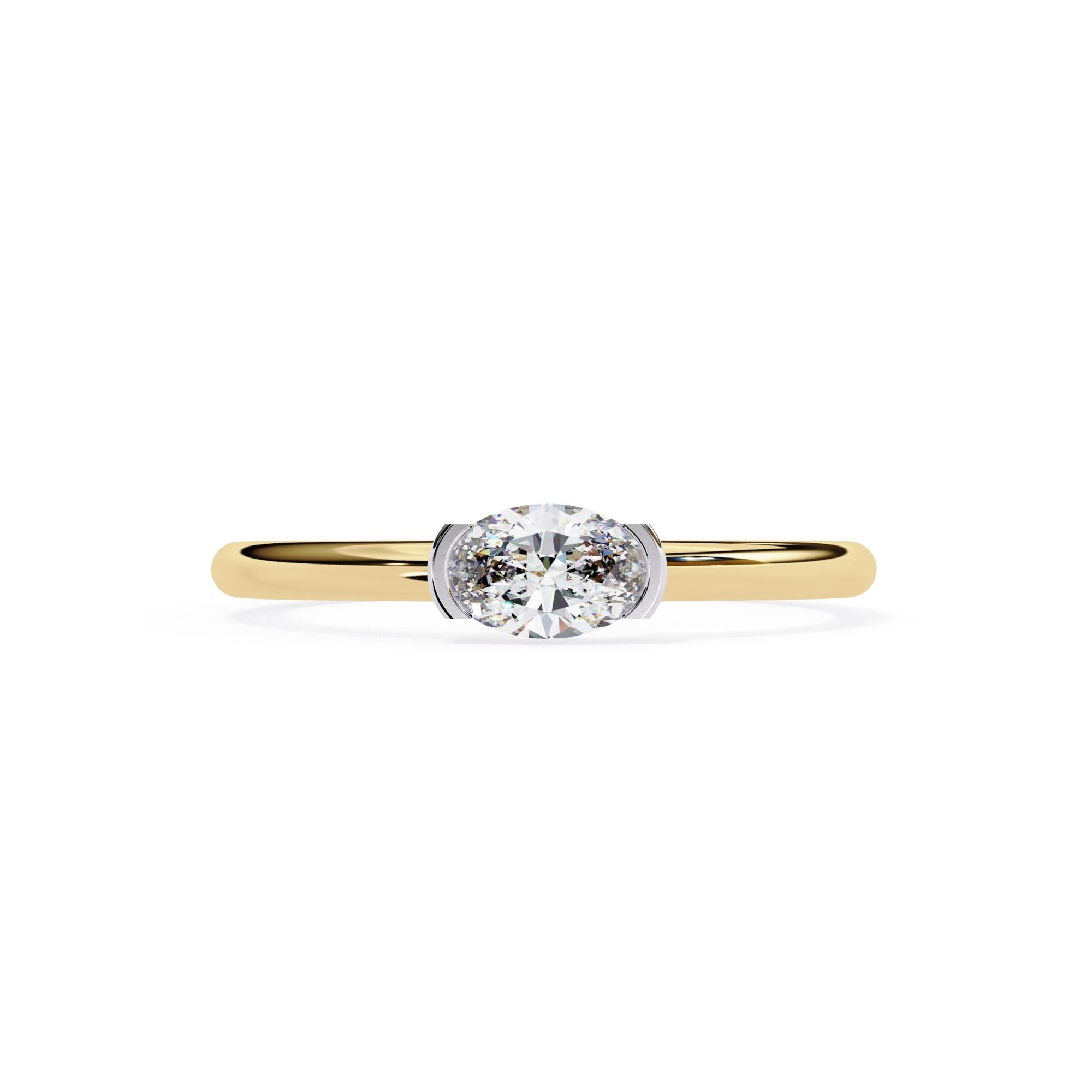 1/3 Ct, Oval Diamond Ring, Half Bezel Diamond Band, 14K Solid Gold, SI GH In New Condition For Sale In New York, NY