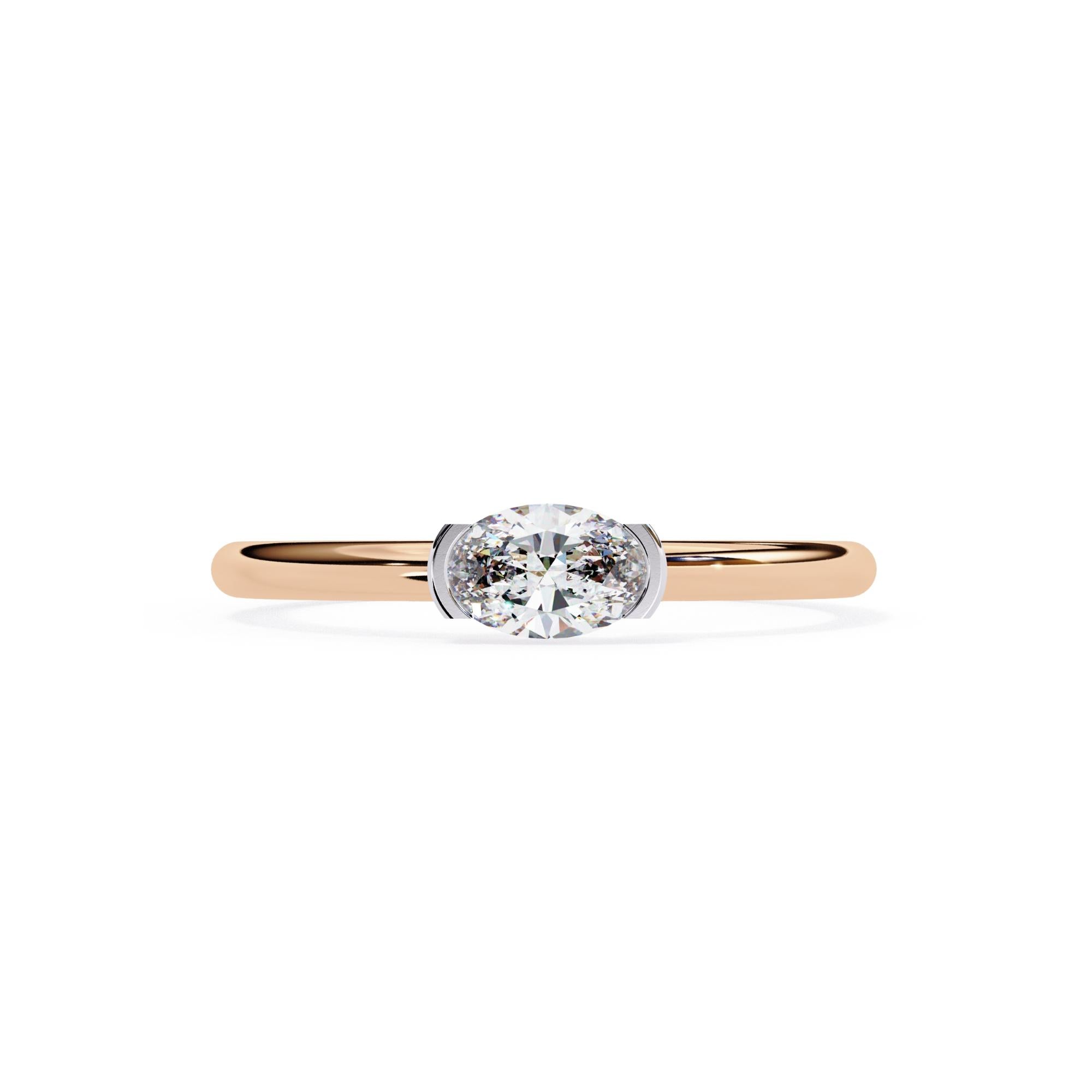 1/3 Ct, Oval Diamond Ring, Half Bezel Diamond Band, 14K Solid Gold, SI GH For Sale 3